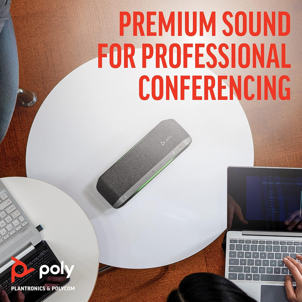 Poly Sync 40 smart speakerphone showing USB-A USB-C integrated cable attachment