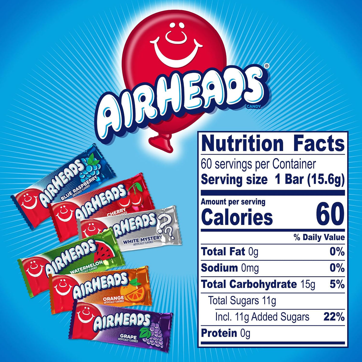 Airheads Full-Size Candy Bars, Taffy Candy Bulk Variety Pack, Individually Wrapped, Six Assorted Fruit Flavors Artificially Flavored, 60 Count Box - Image 11