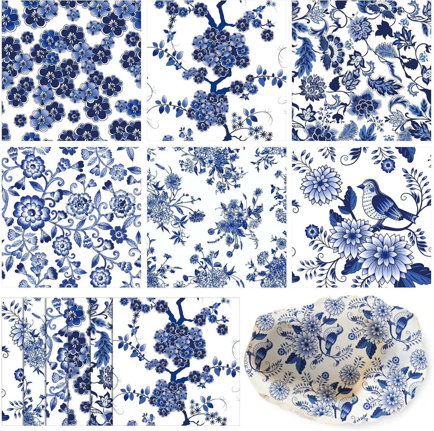Epakh 36 pack blue and white floral decoupage napkins front view