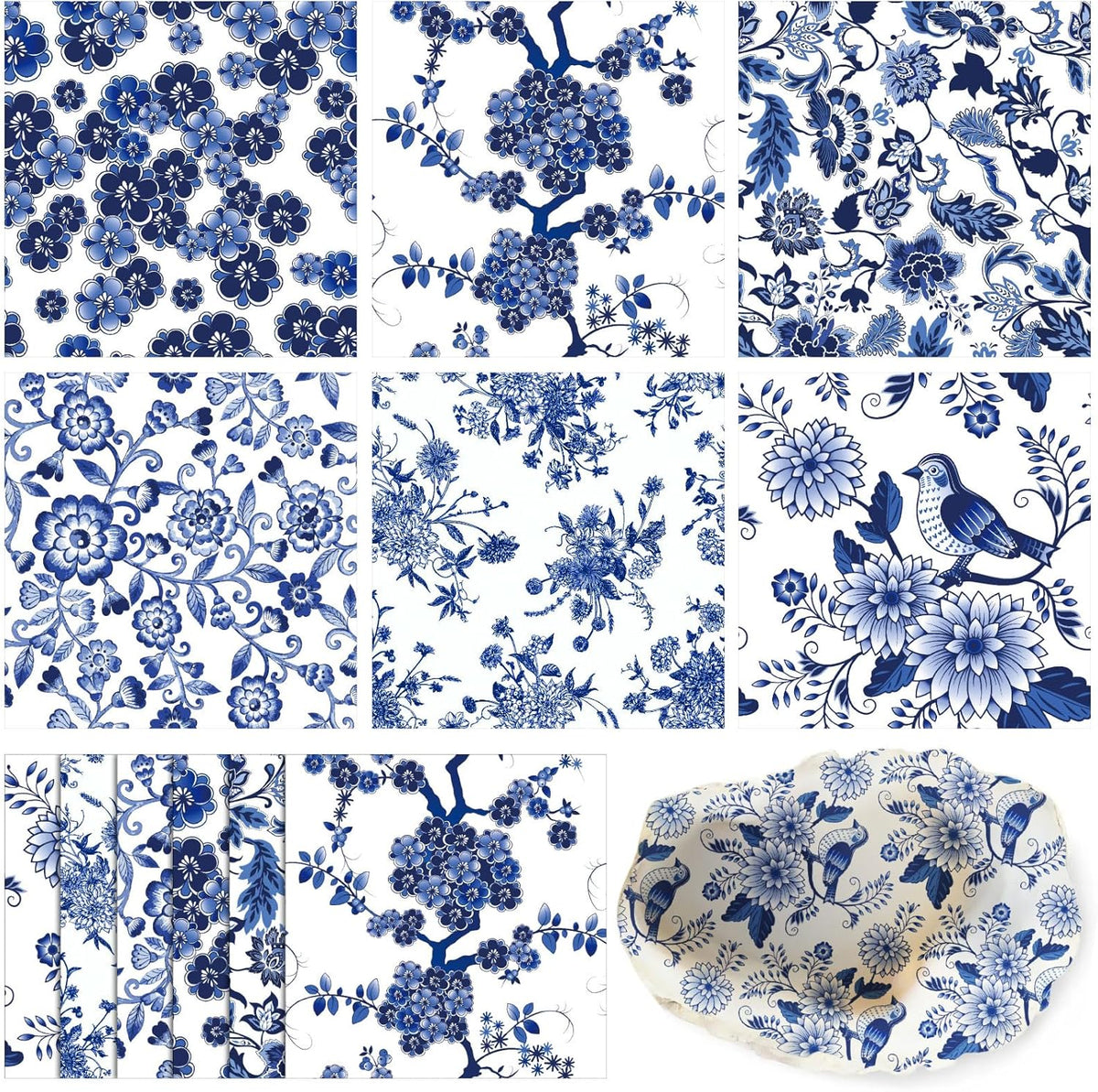 Epakh 36 pack blue and white floral decoupage napkins front view