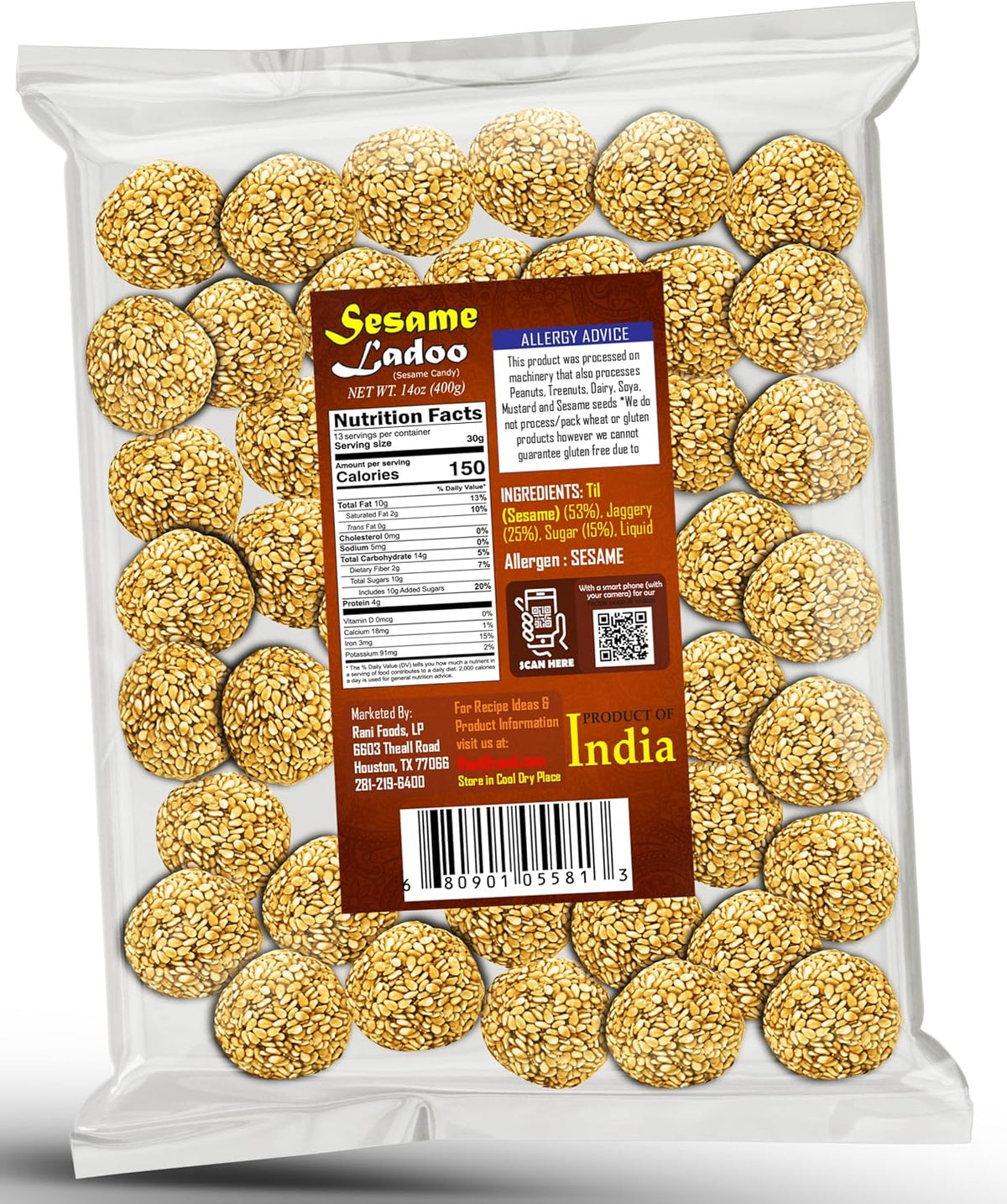 All natural vegan round sesame brittle candy balls by Rani Brand.