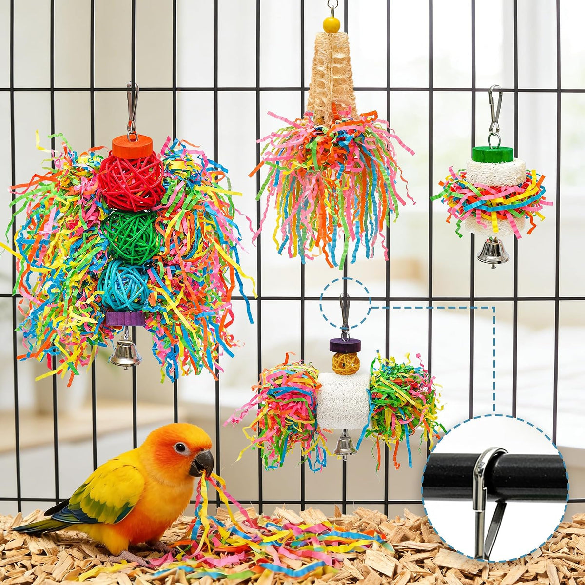 Colorful crinkly paper parrot foraging accessory with metal hook