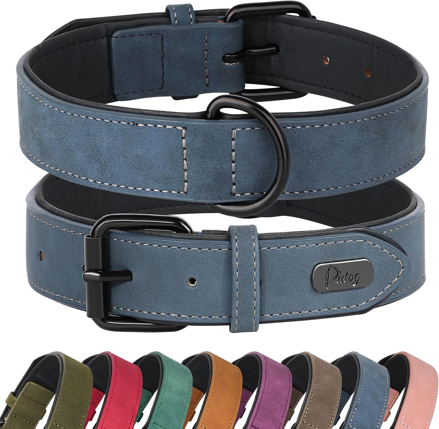 Didog blue PU leather dog collar front view