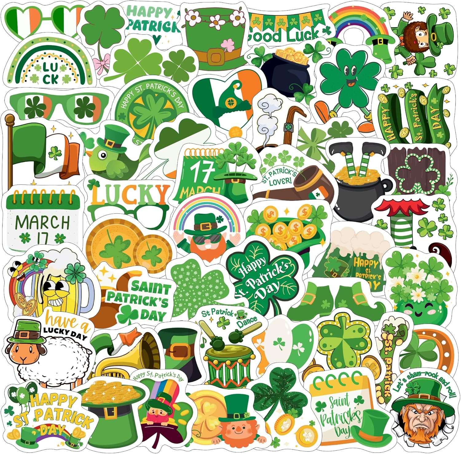 Backtopeia St Patricks Day Stickers front view showing colorful shamrock and leprechaun designs.