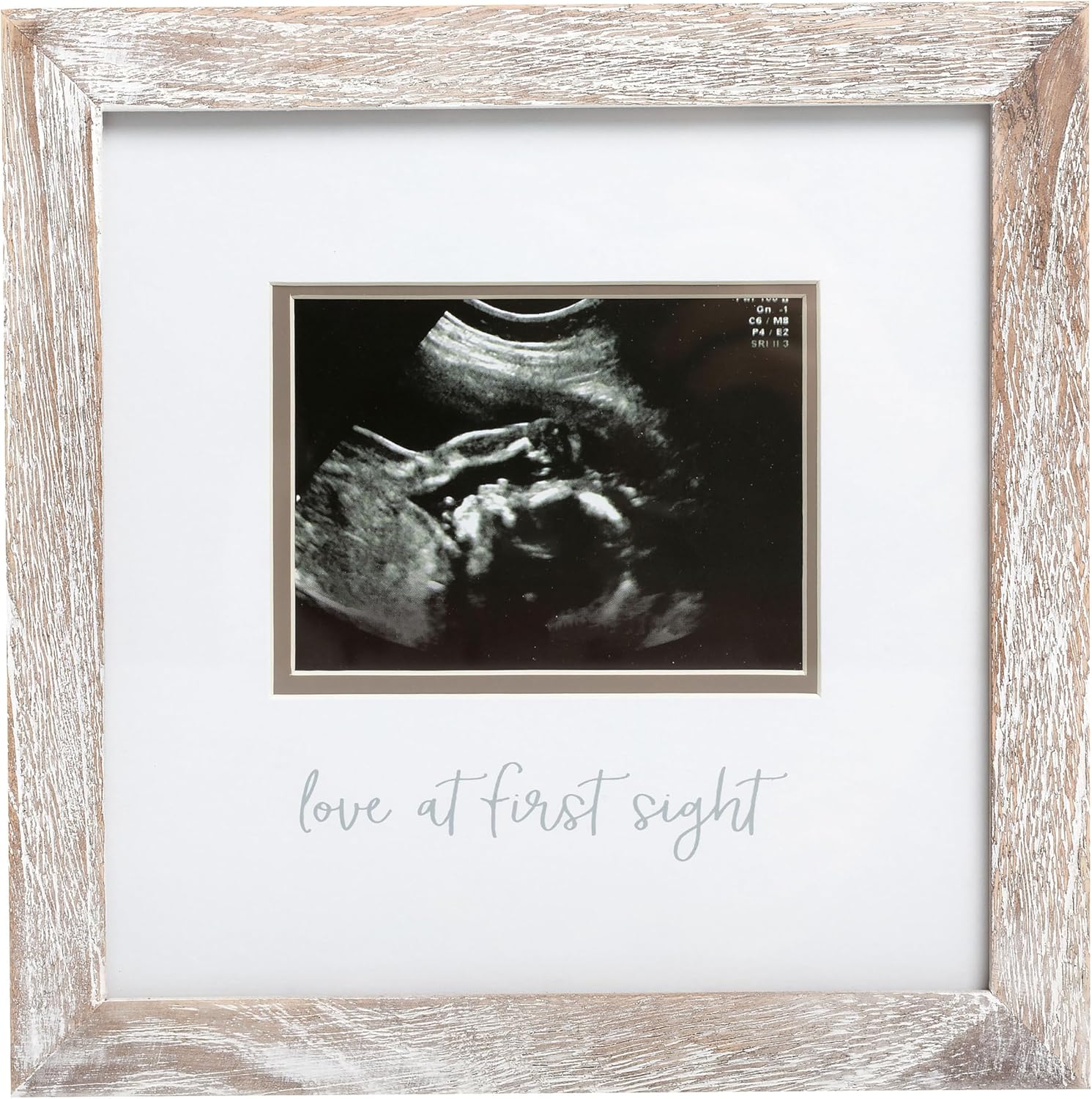 Pearhead love at first sight rustic sonogram picture frame front view showing ultrasound photo insert