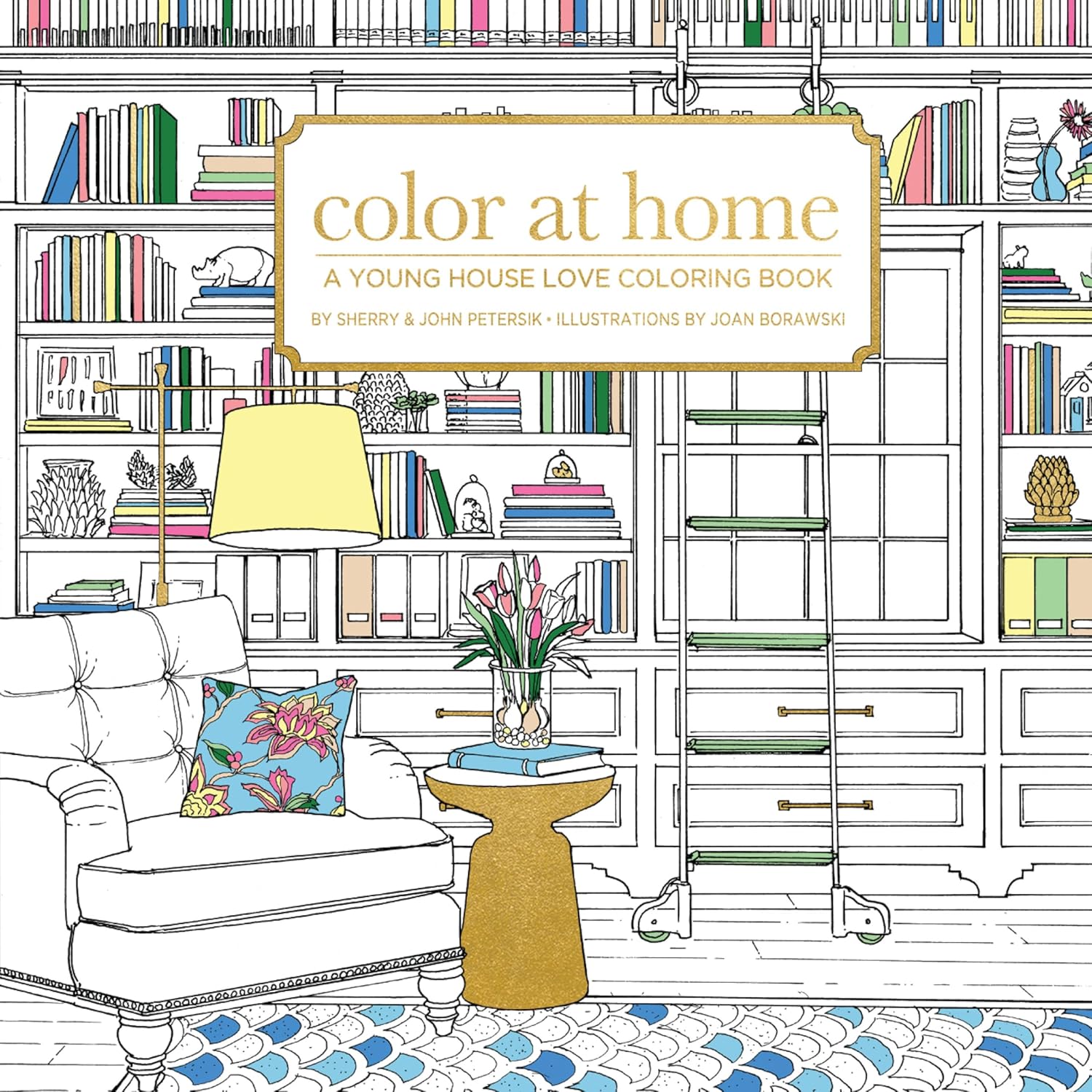 Young House Love Color At Home adult coloring book front cover showcasing beautiful interior design line art.