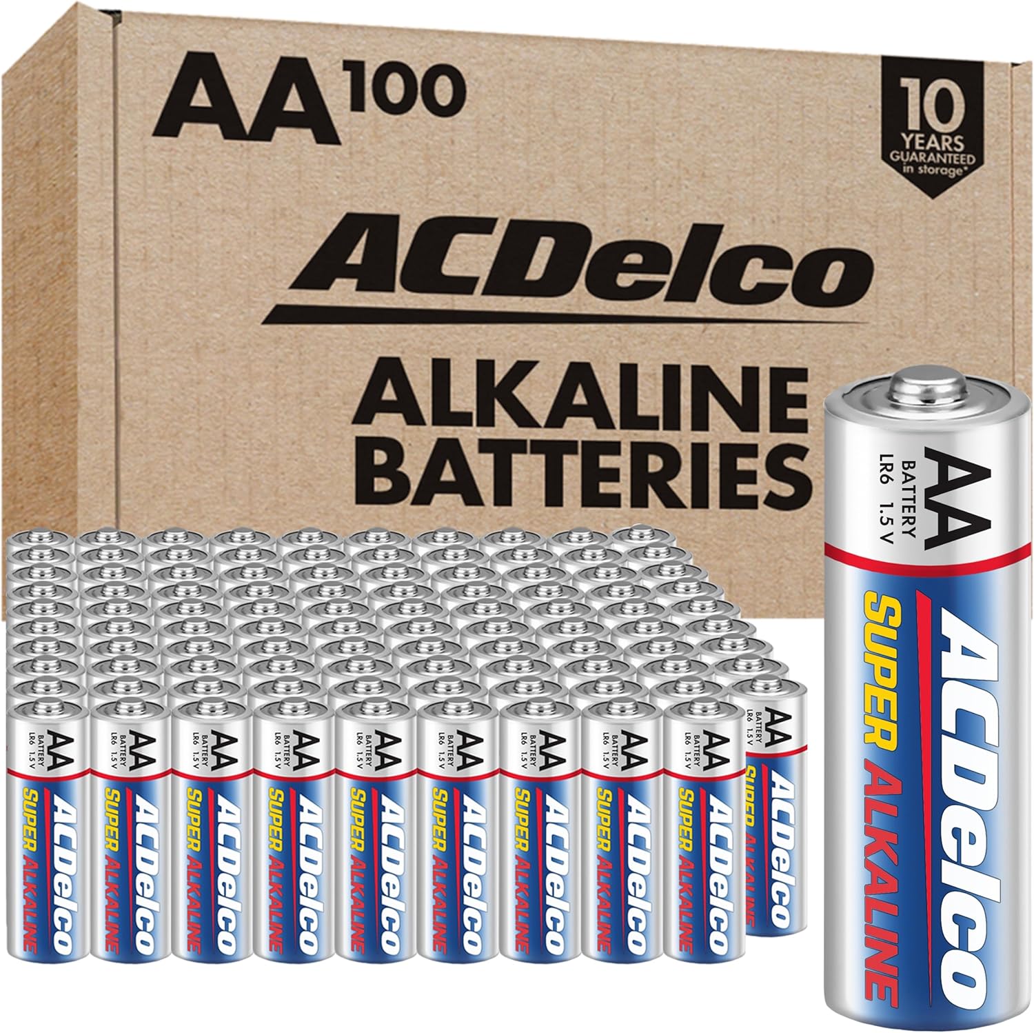 Powermax ACDelco Maximum Power Super Alkaline AA Batteries front view of one hundred count bulk retail box