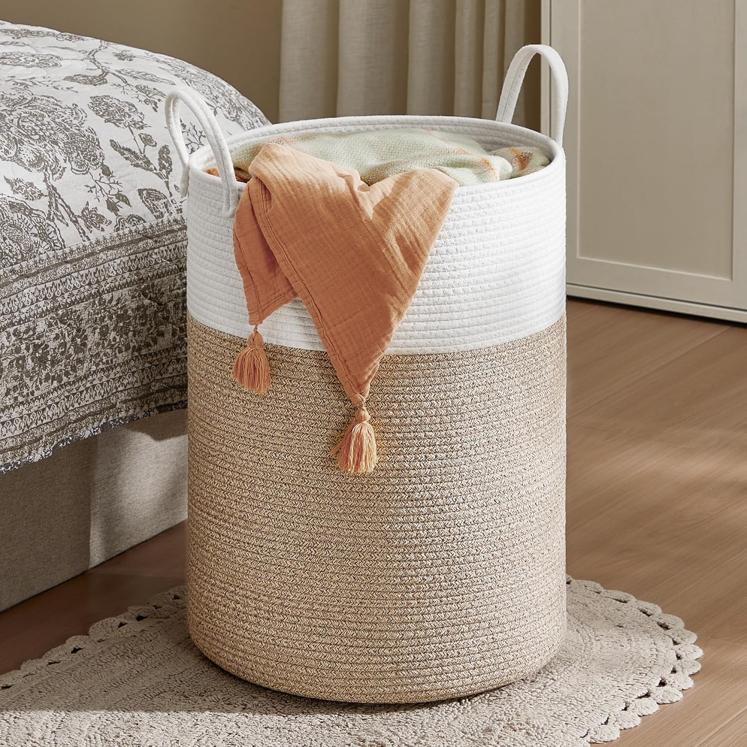 Songmics cotton rope laundry hamper front view with white and grayish brown design