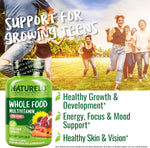 Naturelo kids chewable vitamin bottle displaying tablet count and organic fruit blend details