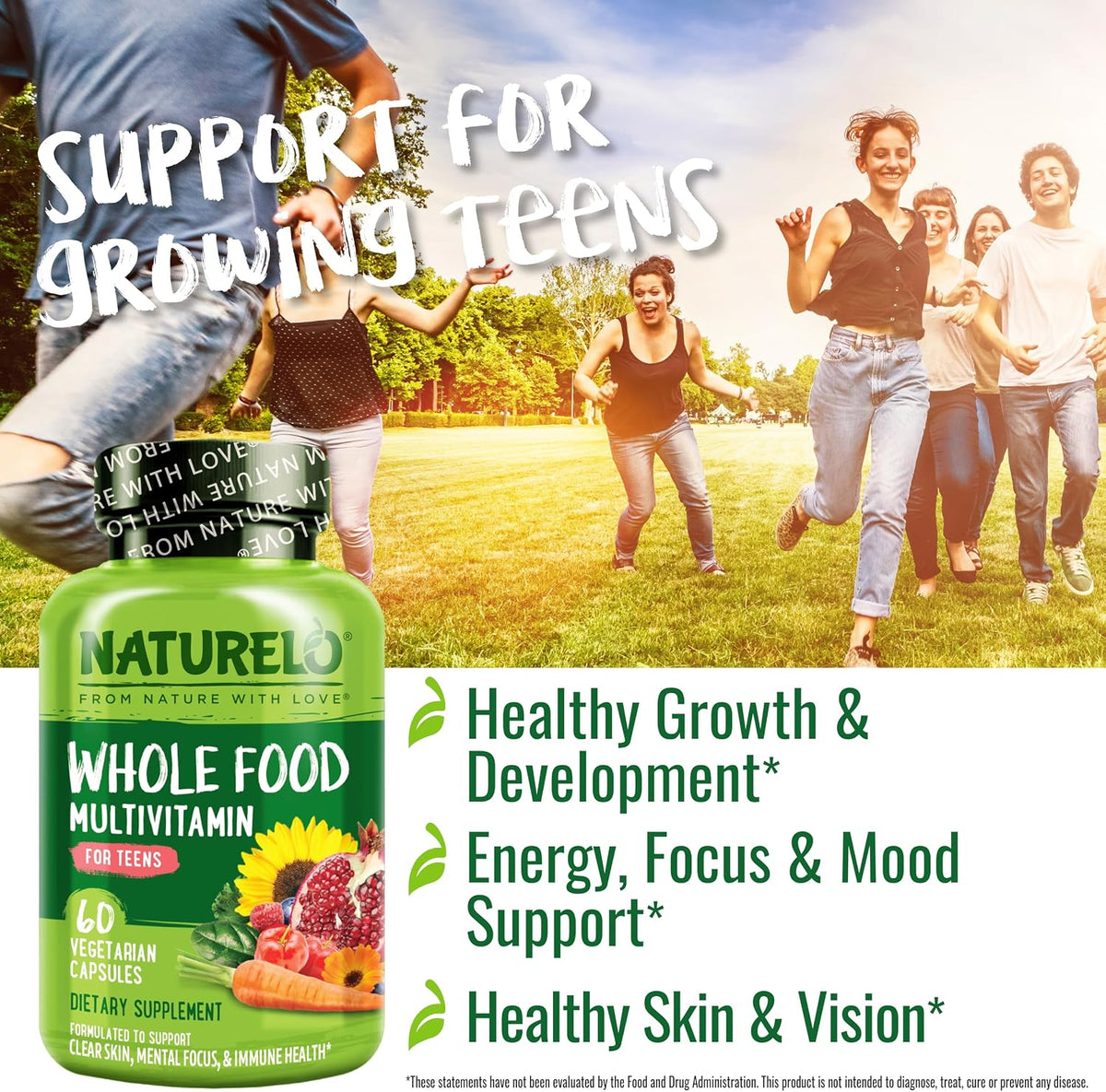 Naturelo kids chewable vitamin bottle displaying tablet count and organic fruit blend details