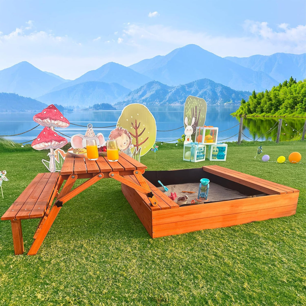 FunXplore wooden kids sandbox with lid and benches front view