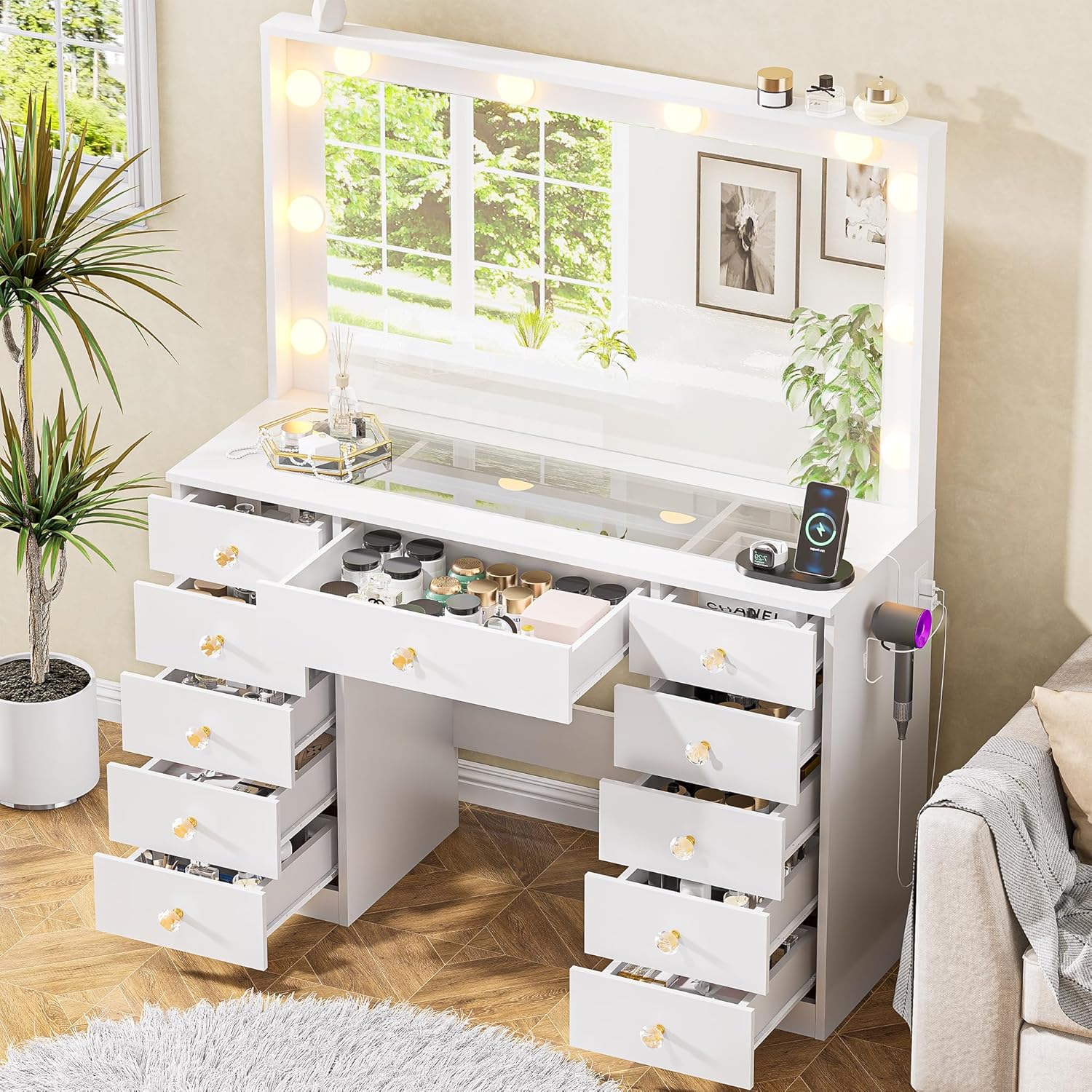 DINGIPP white makeup vanity desk front view showing large lighted mirror and eleven drawers with crystal handles