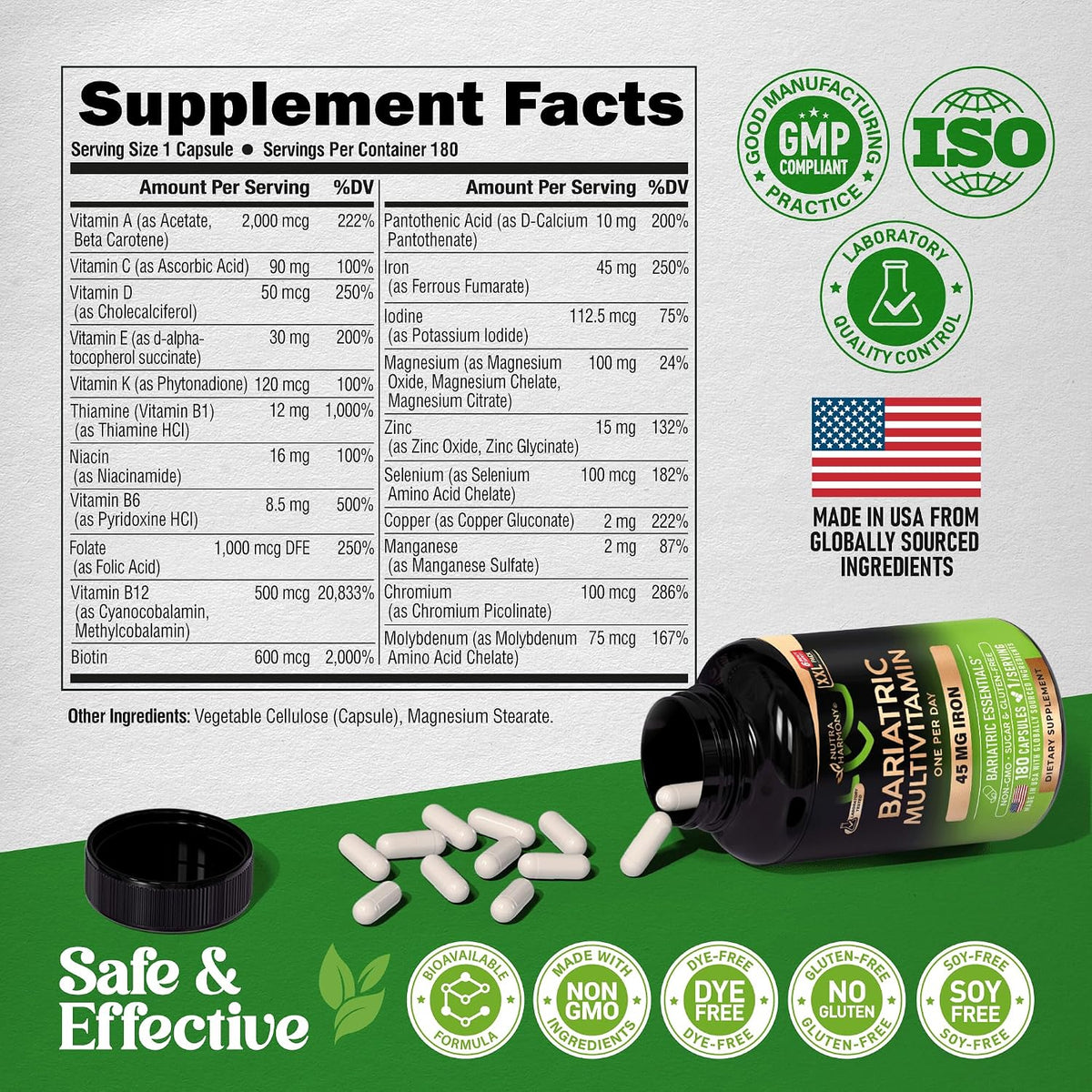 Nutraharmony Bariatric Multivitamin dietary features showing sugar and gluten free
