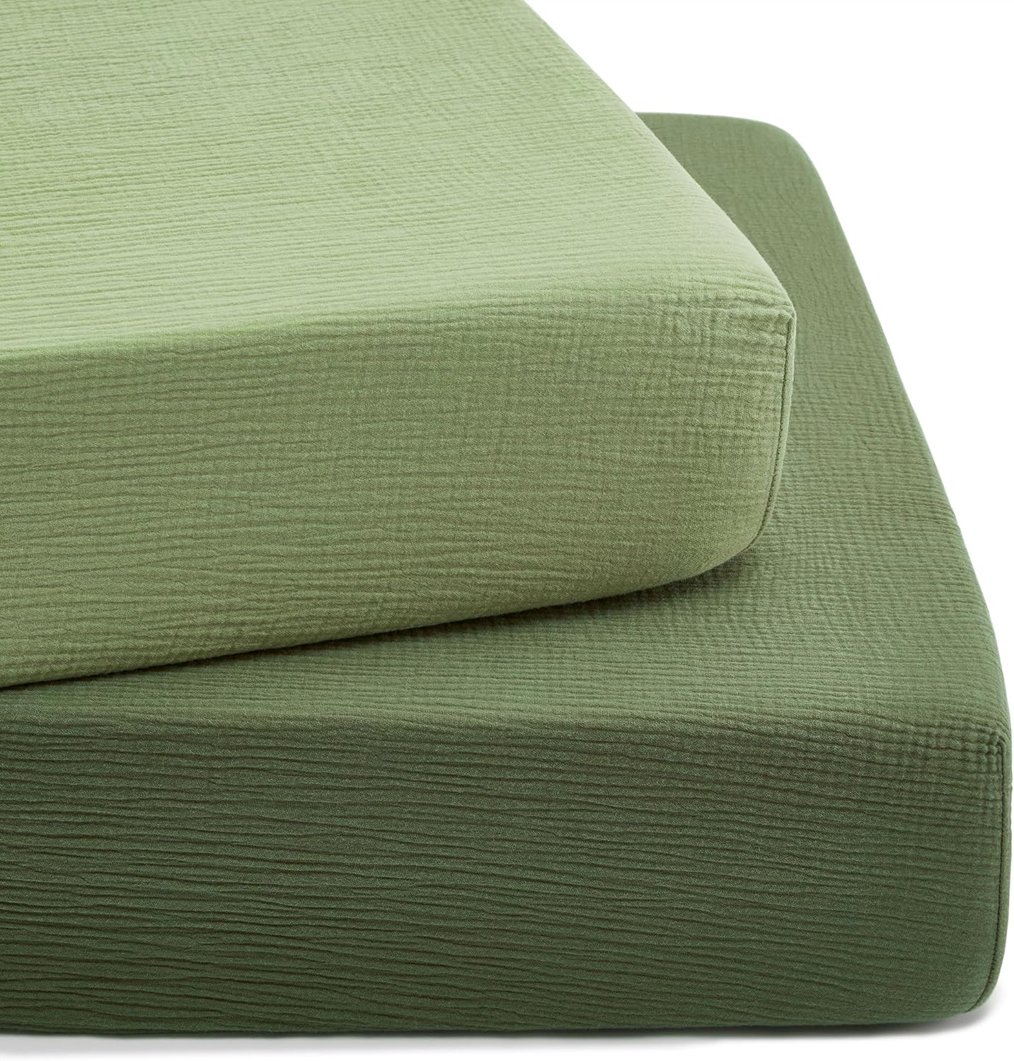 Tillyou 2 pack muslin crib sheets front view in forest green