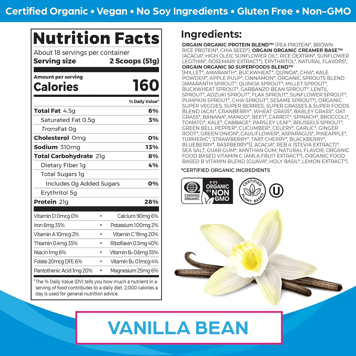 Orgain plant-based protein powder scoop and texture