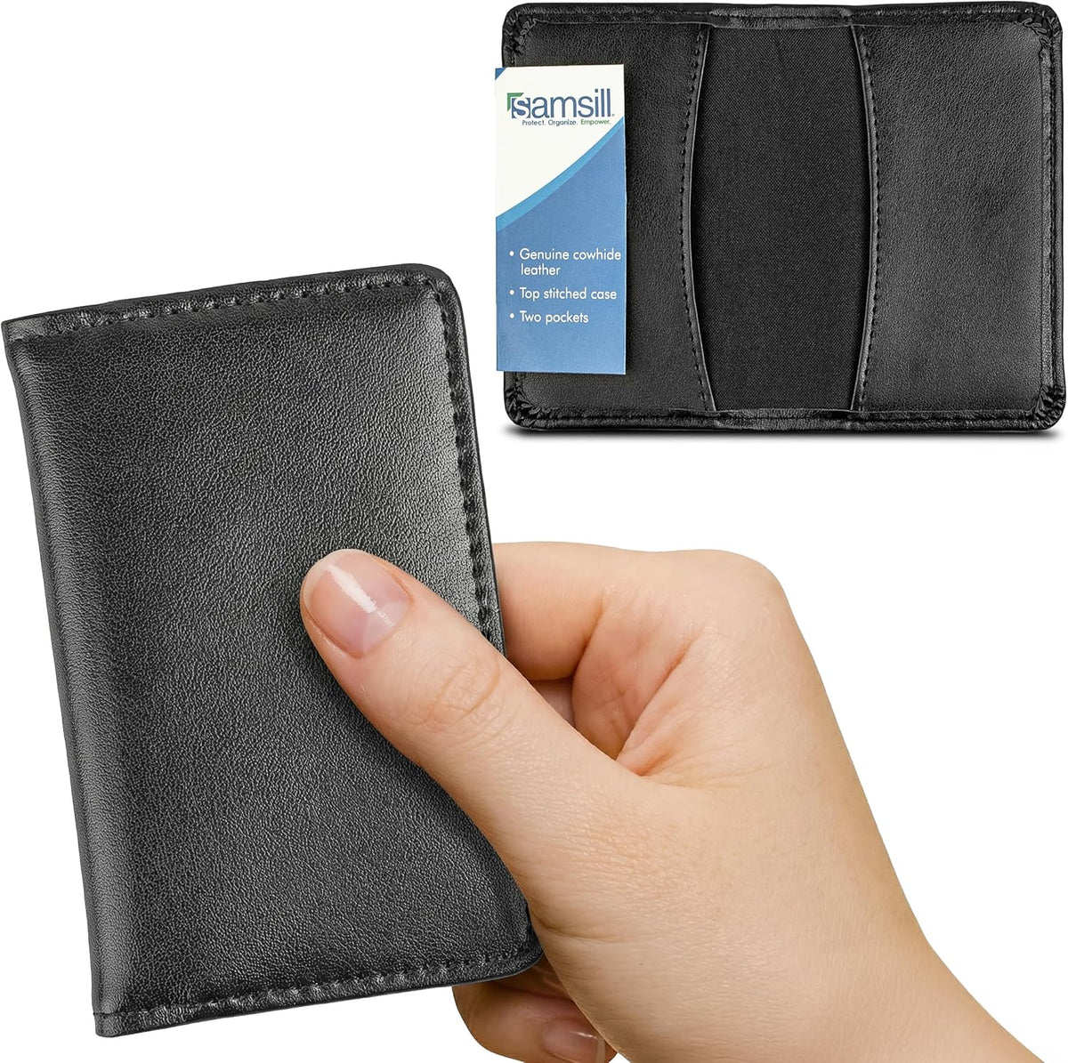 Samsill leather business card holder front view professional accessory
