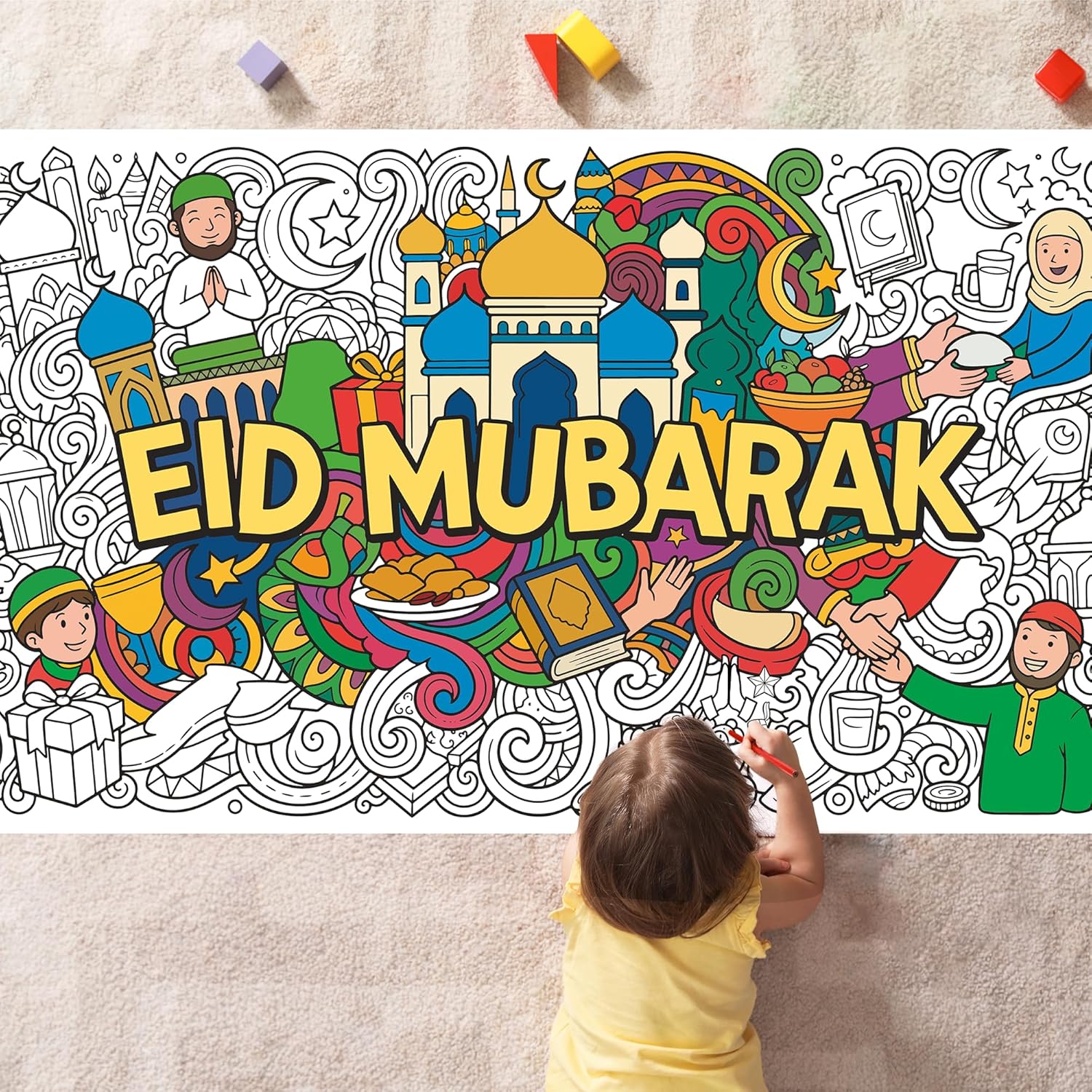 OHOME Eid Mubarak giant coloring poster tablecloth front view showcasing black and white Islamic mosque doodles for kids craft activities.
