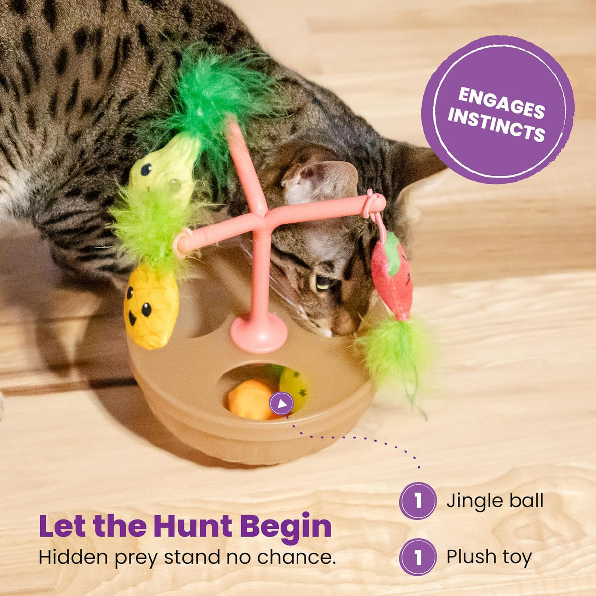 Close-up of elastic hanging toys attached to the cat toy tree