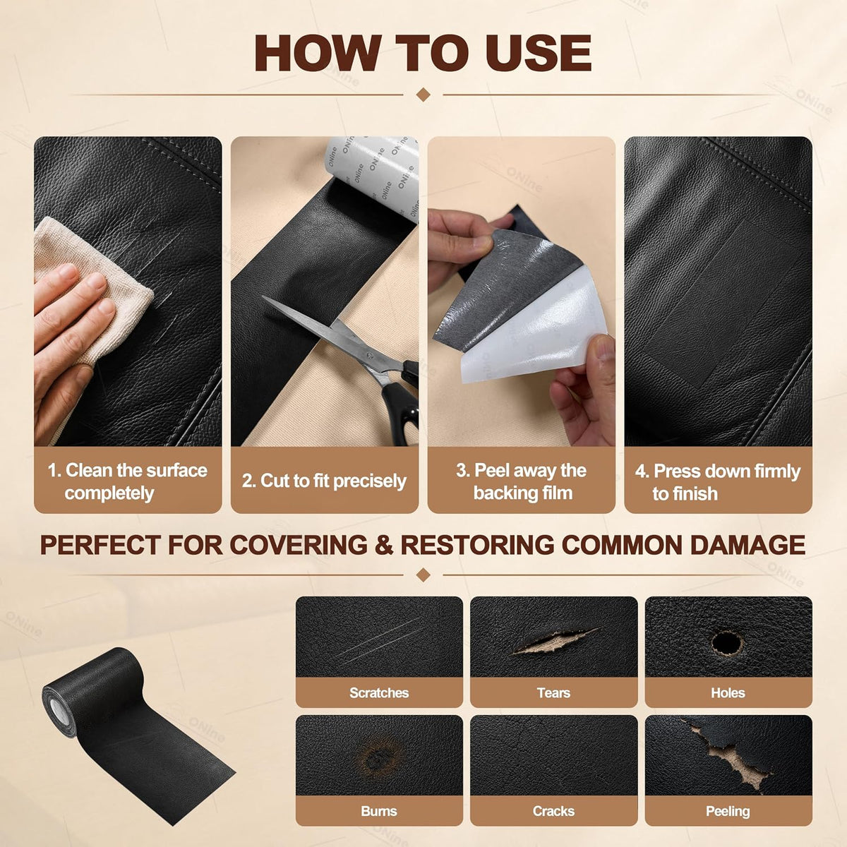 Demonstration of cutting leather repair tape with scissors
