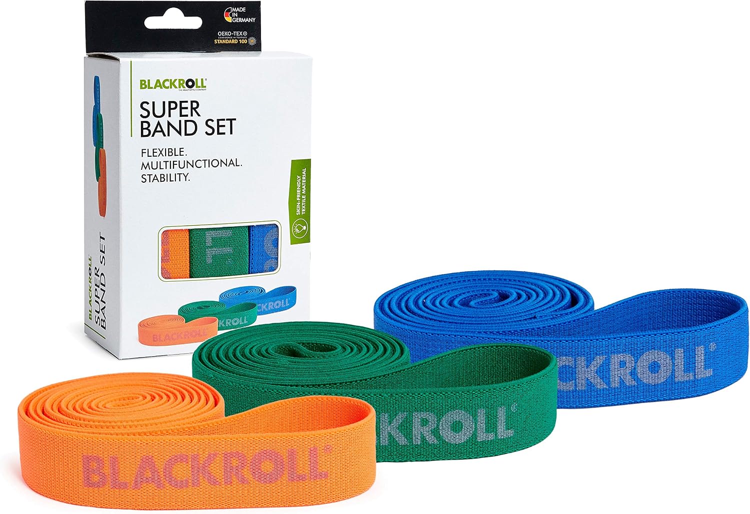 Blackroll super band set front view showing all three color options
