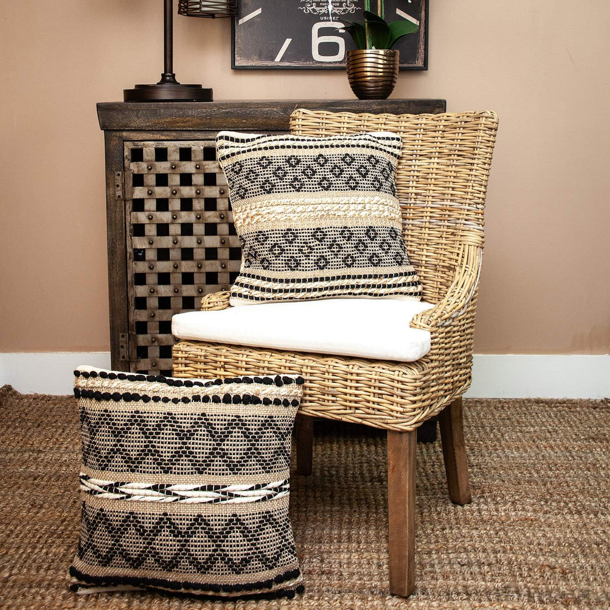 Parkland Collection Nate 18x18 Beige Boho Throw Pillow, Hand Woven Cotton Jute Textured Geometric Stripe Accent Cushion with Insert - Image 9