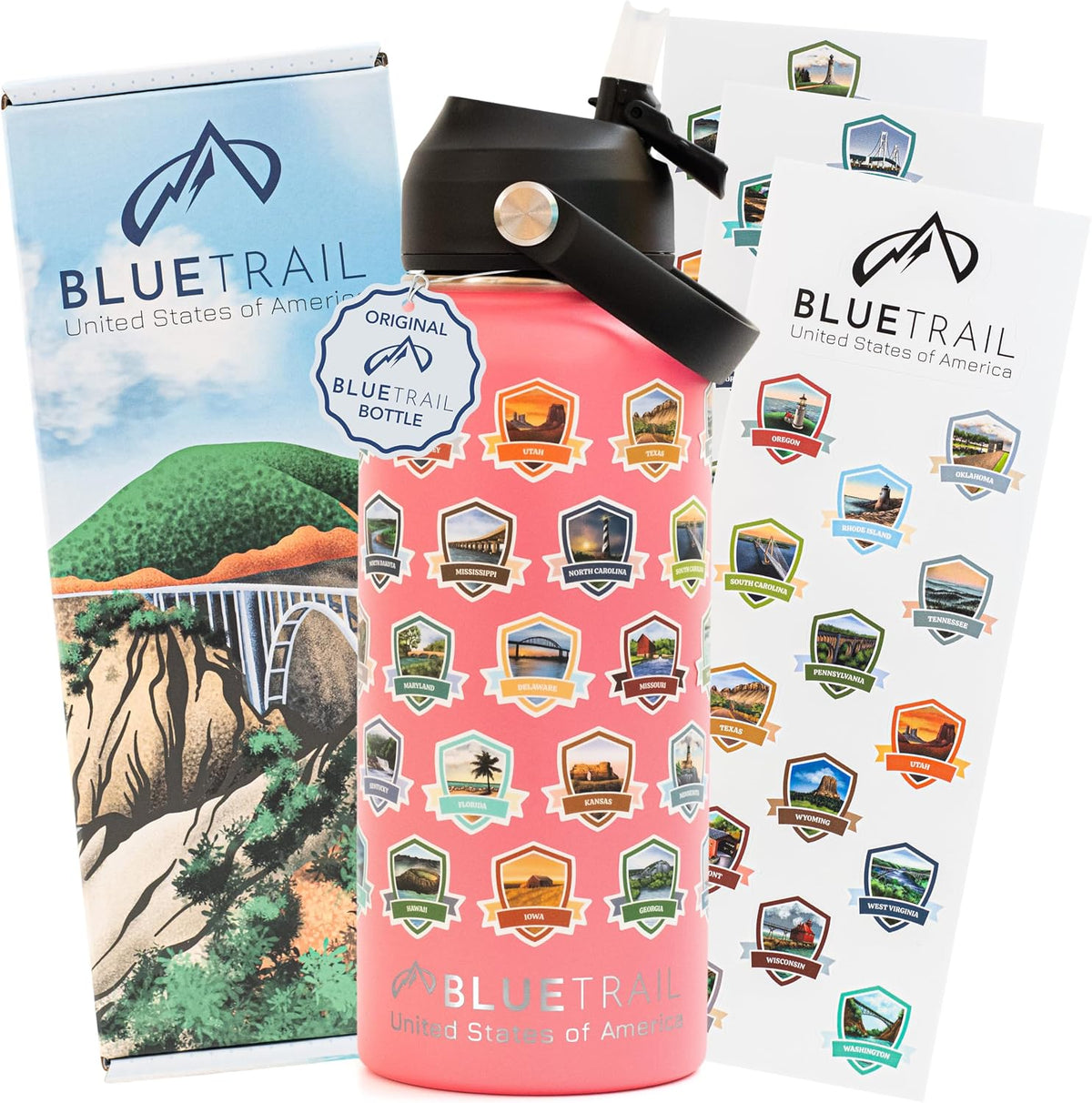 BlueTrail 50 States Water Bottle with Stickers - 32 oz Insulated Stainless Steel, Upgraded Leak-Proof Lid, UV & Waterproof Permanent Stickers, Laser Engraved 50 States of the USA (Black) - Image 10