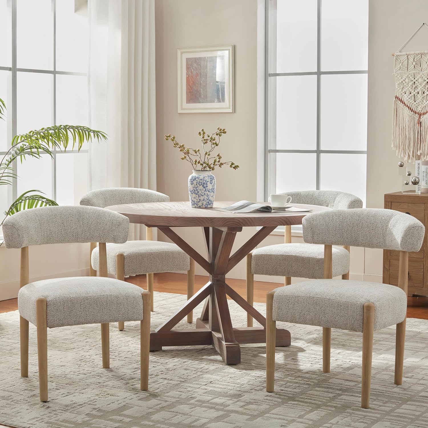 VKNOW wooden dining chairs set of 4 front view featuring heathered off white fabric upholstery