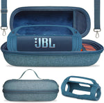 JCHPINE protective accessory bundle for JBL Flip 7 showing blue silicone cover and hard carrying case front view.
