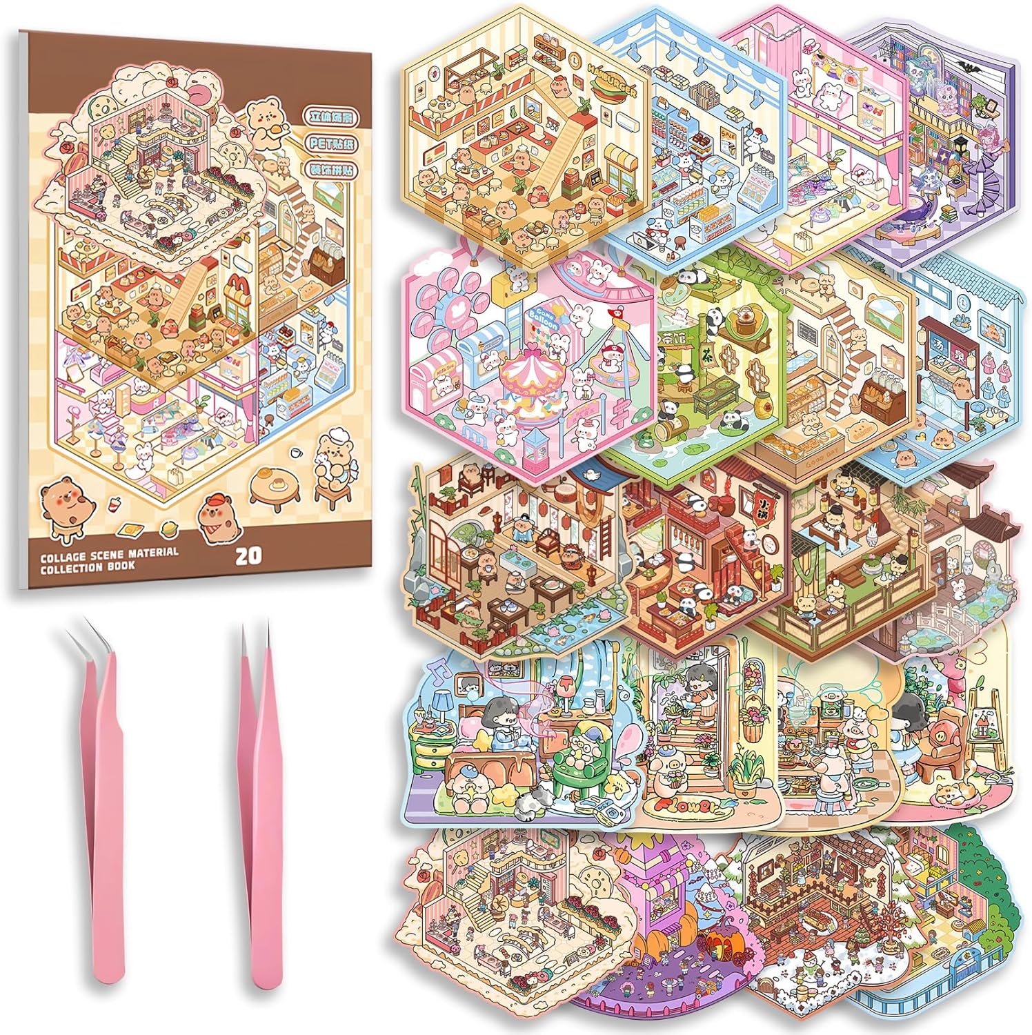 MHBEW DIY 3D Sticker Scene Collection Book front view showing colorful cartoon cover and precise crafting tweezers.