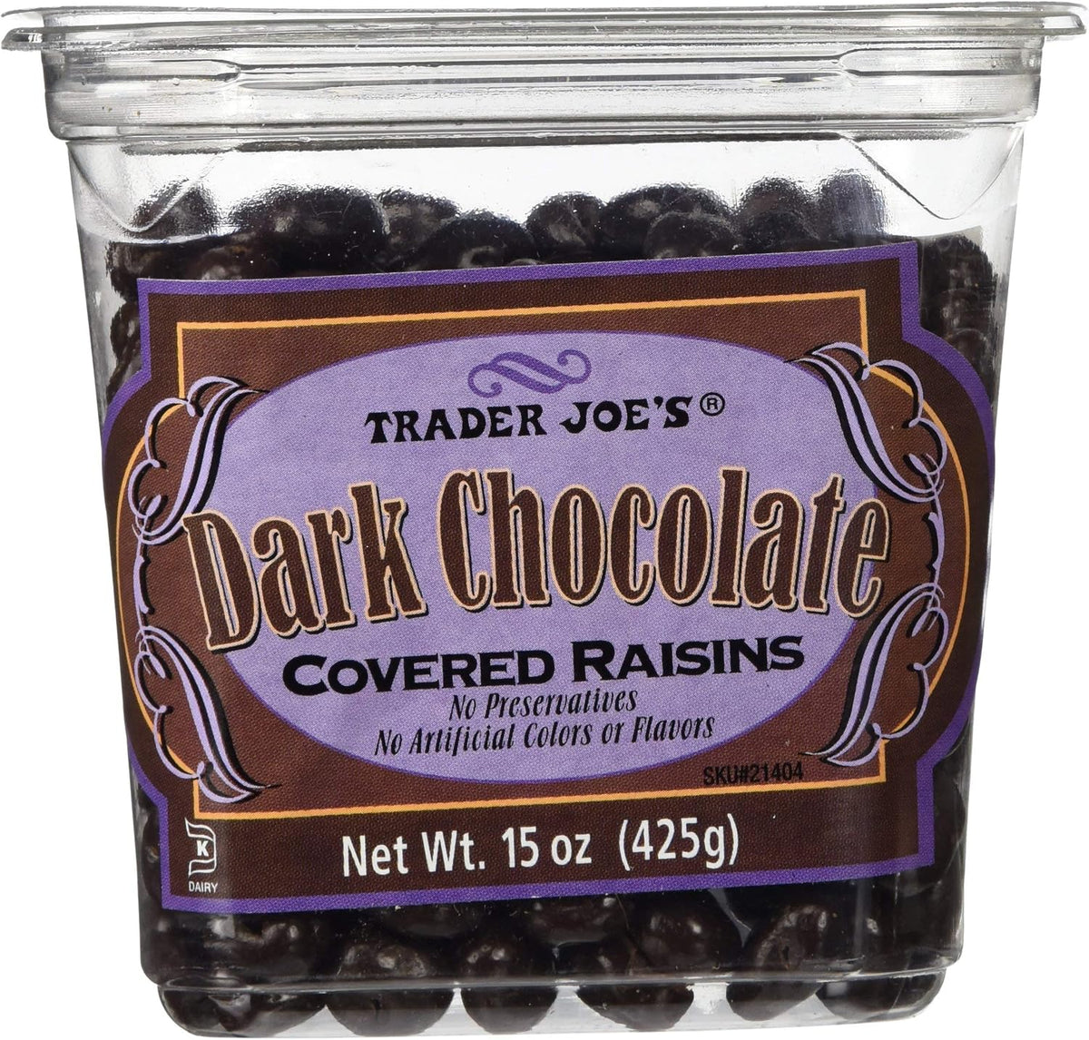 Authentic Trader Joe's dark chocolate raisins label detail