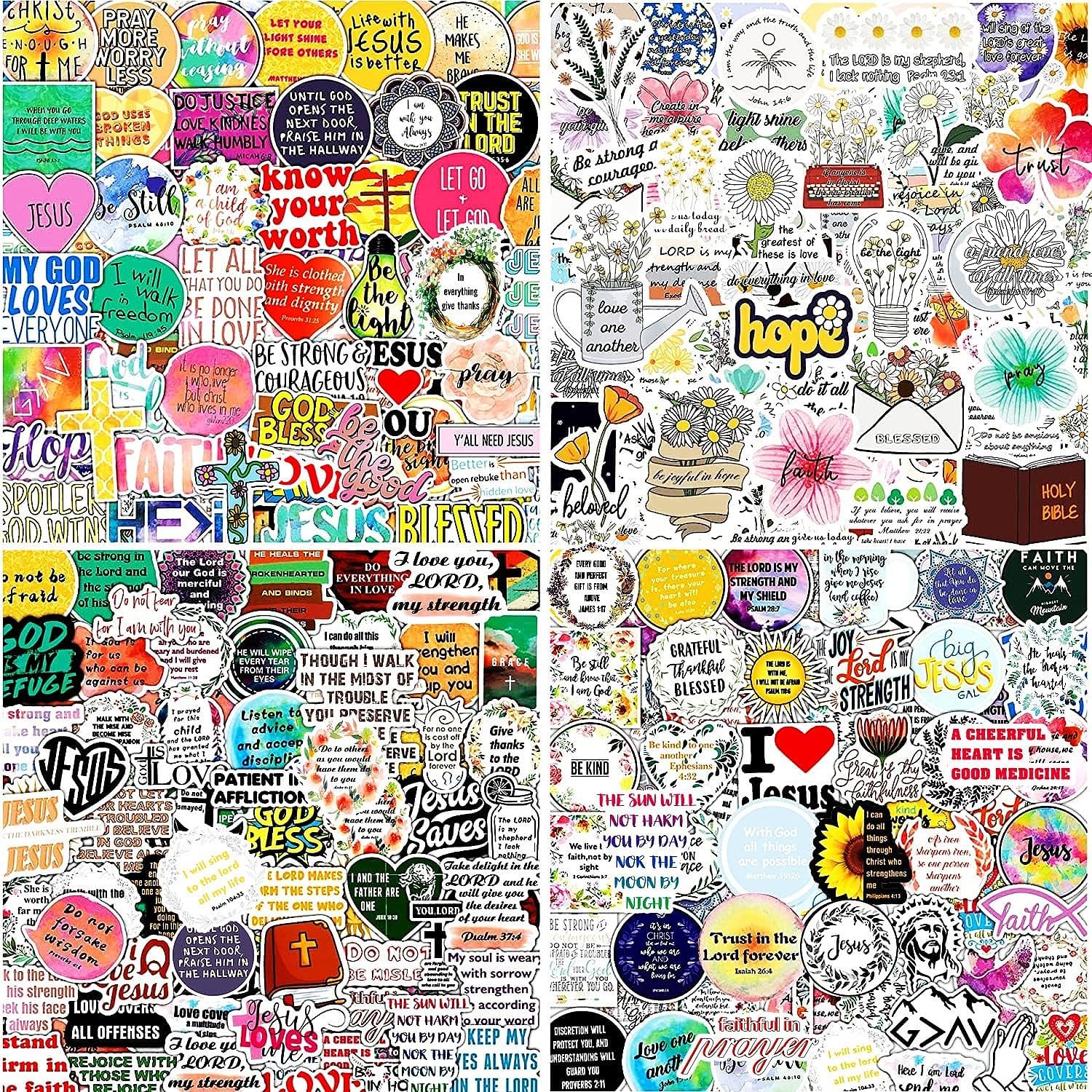 KASANYER inspirational Christian stickers front view display showing multiple unique Bible verse vinyl designs spread out.