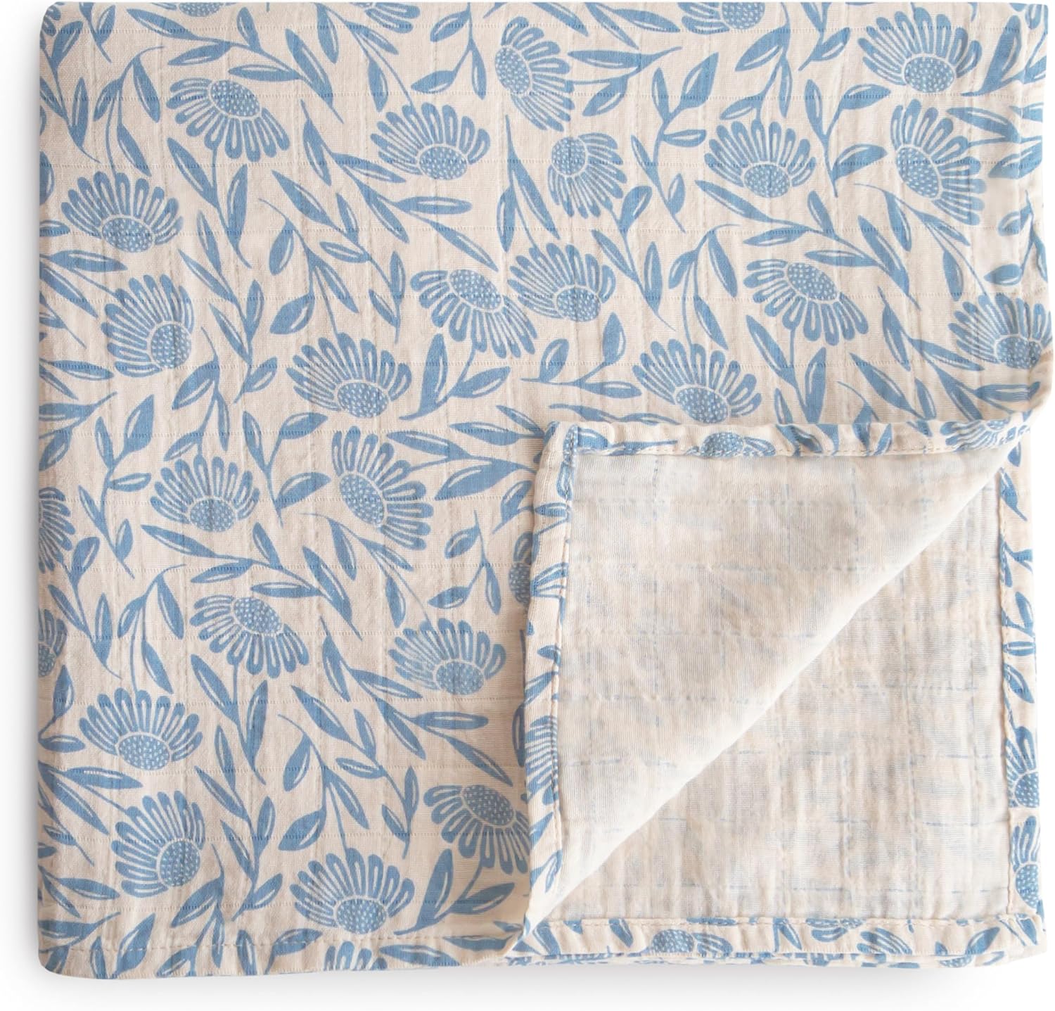 Mushie muslin baby swaddle blanket blue flowers front view