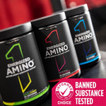 Rule 1 Energized Amino 30 servings bottle lifestyle workout setup
