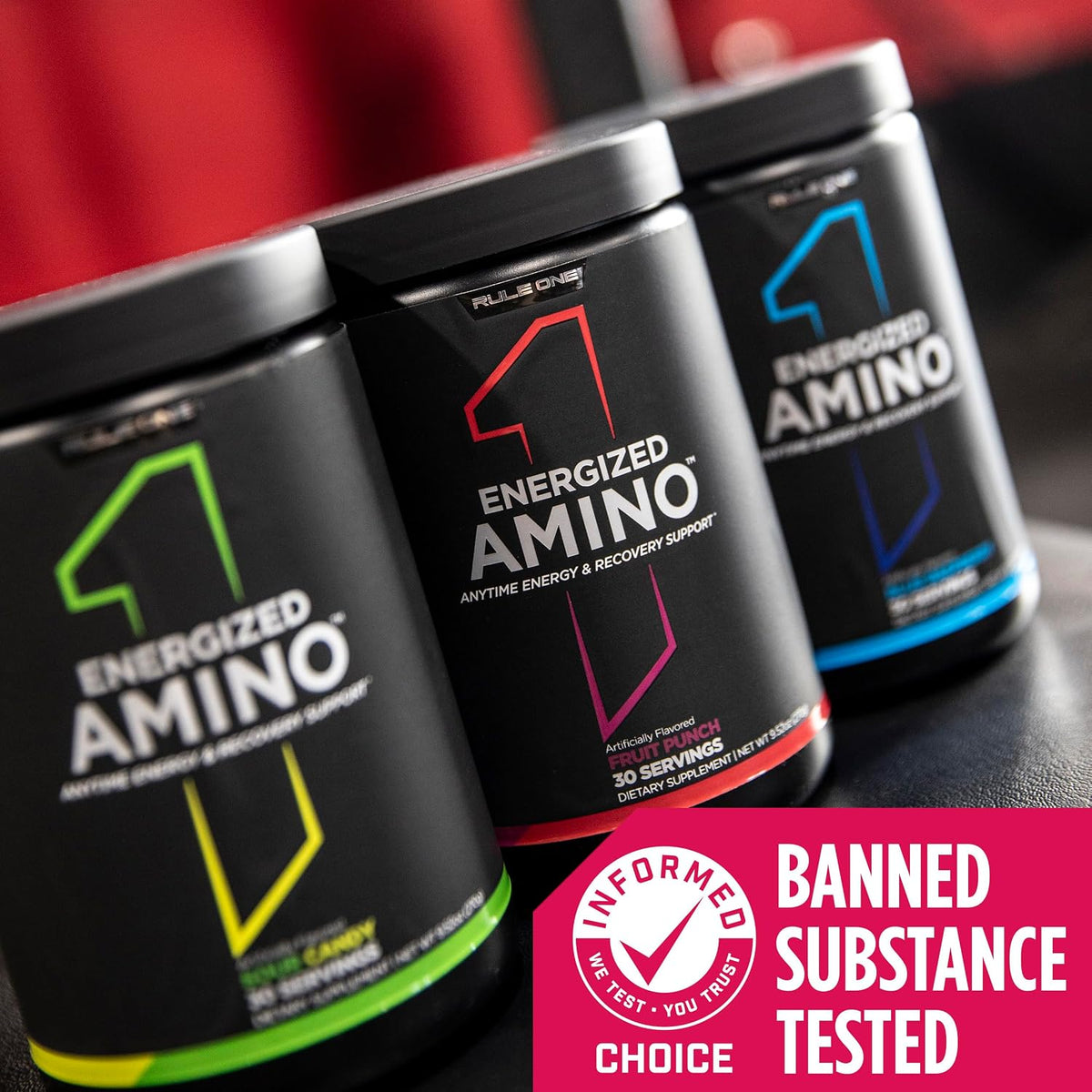 Rule 1 Energized Amino 30 servings bottle lifestyle workout setup