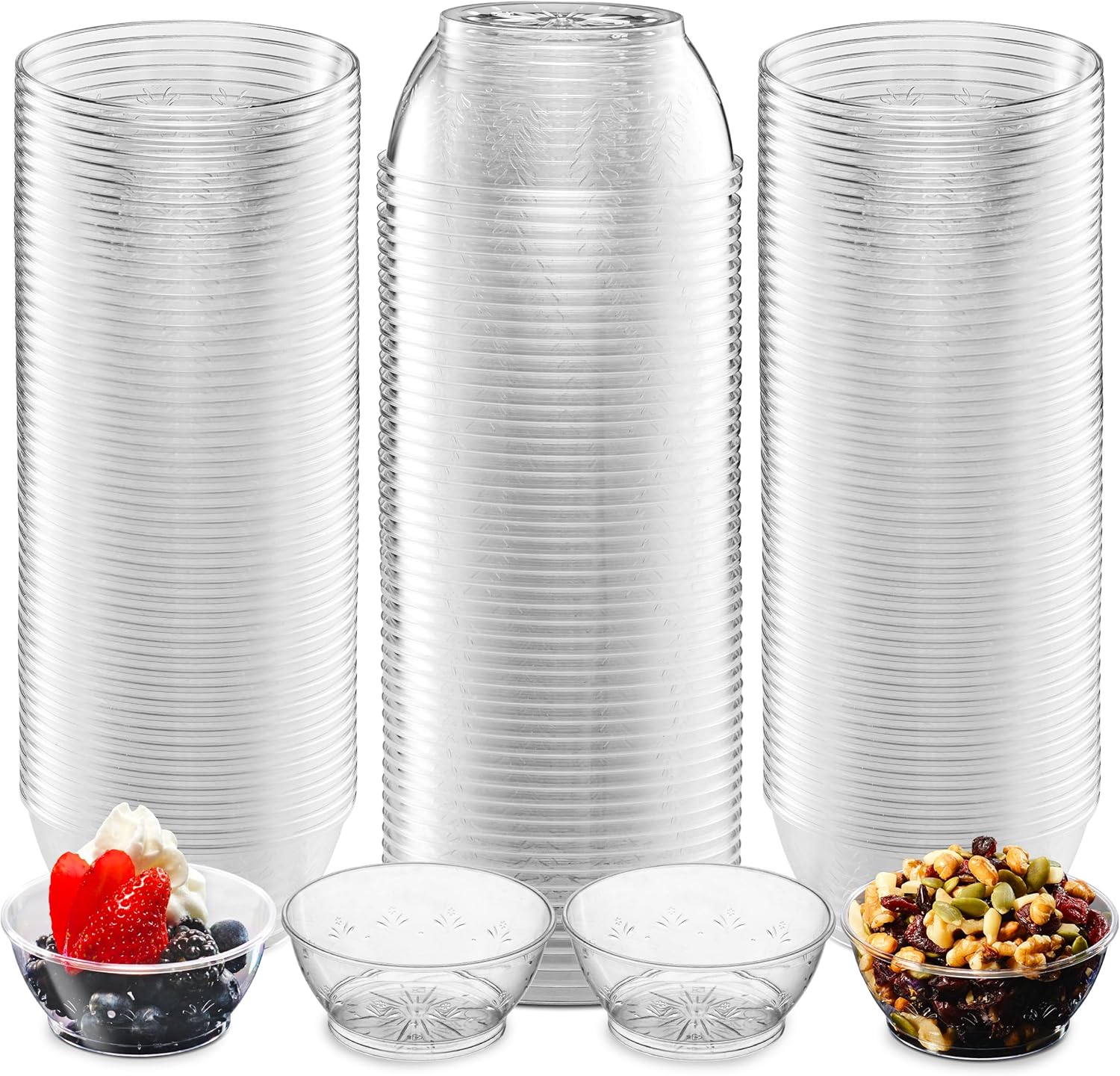 JoyServe Clear Mini Plastic Bowls 100 Pack front view for party catering.