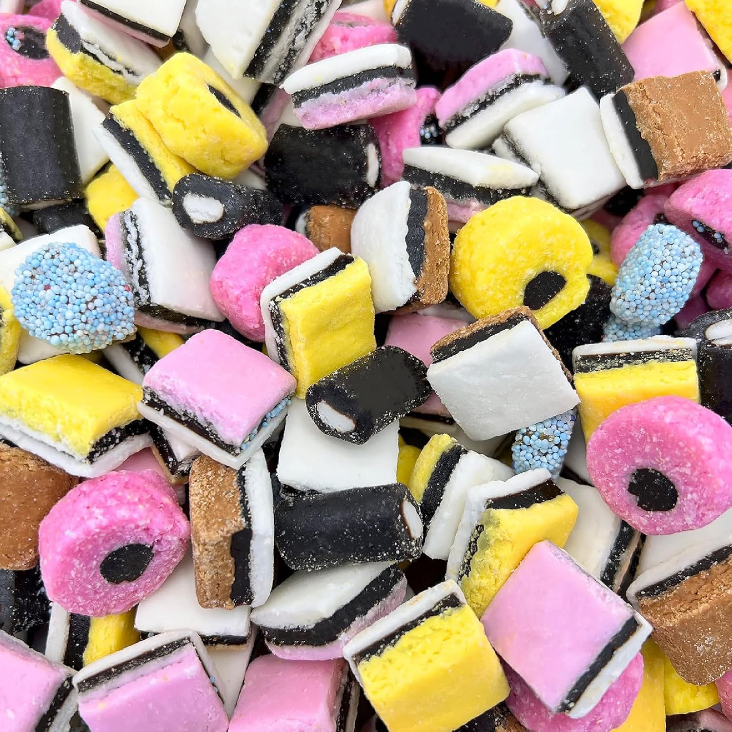 ILIKE! English Licorice Allsorts Candy front view showing the diverse mix of retro sweets