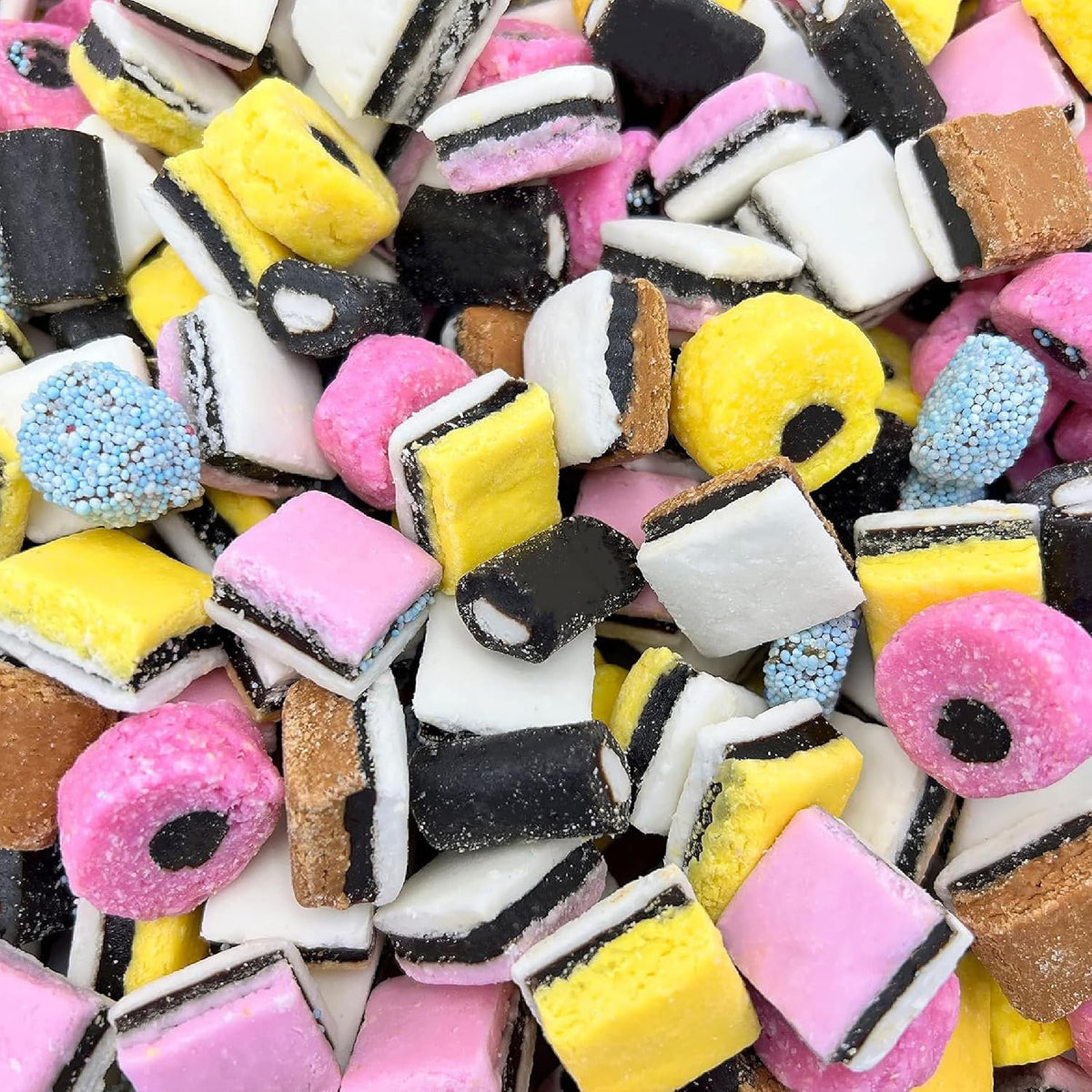 ILIKE! English Licorice Allsorts Candy front view showing the diverse mix of retro sweets