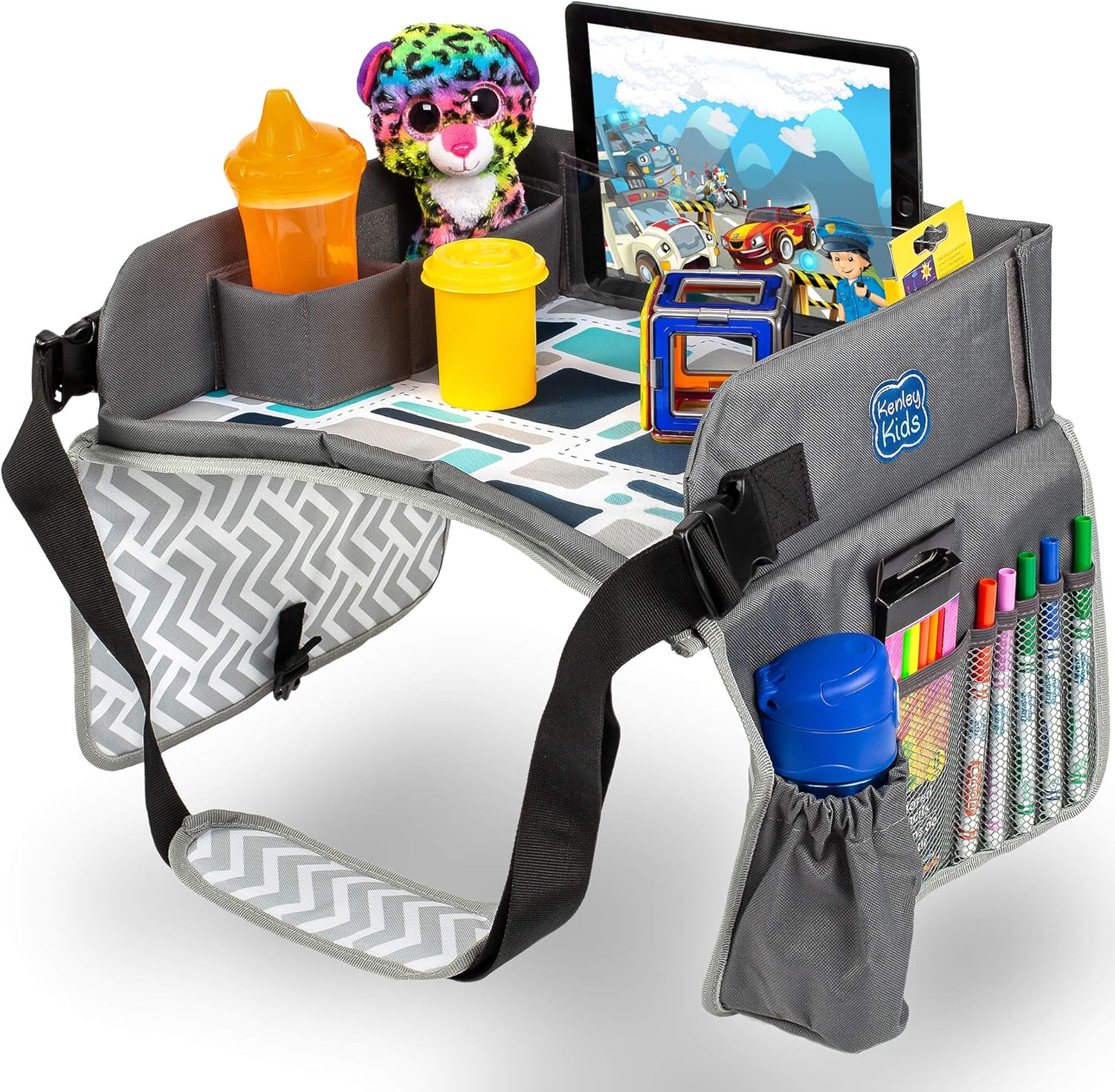 Kenley Kids Travel Tray front view showing the blue and gray activity surface with a toddler drawing.