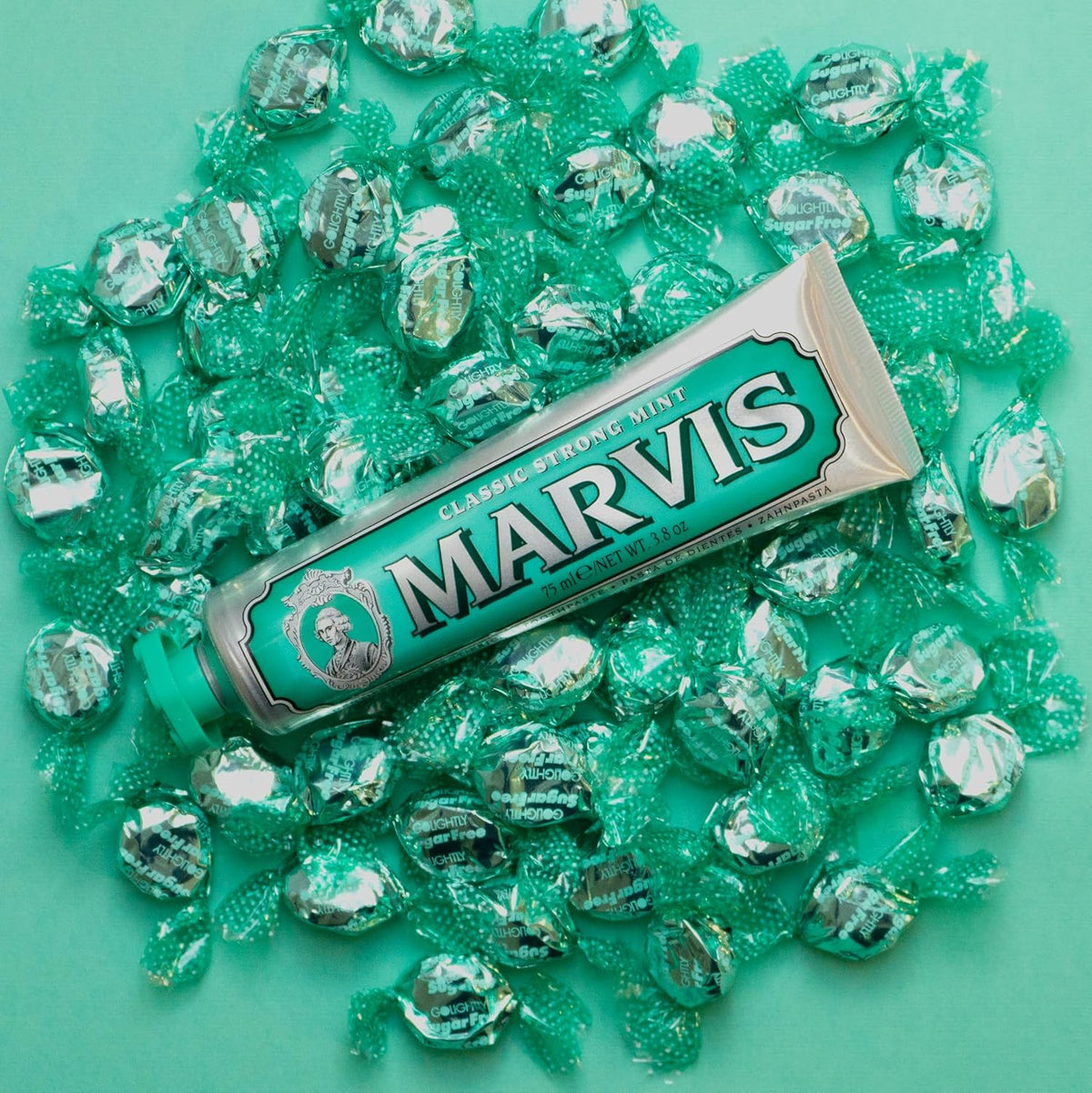 Marvis imported toothpaste set showing Classic Strong Mint and Aquatic Mint variants