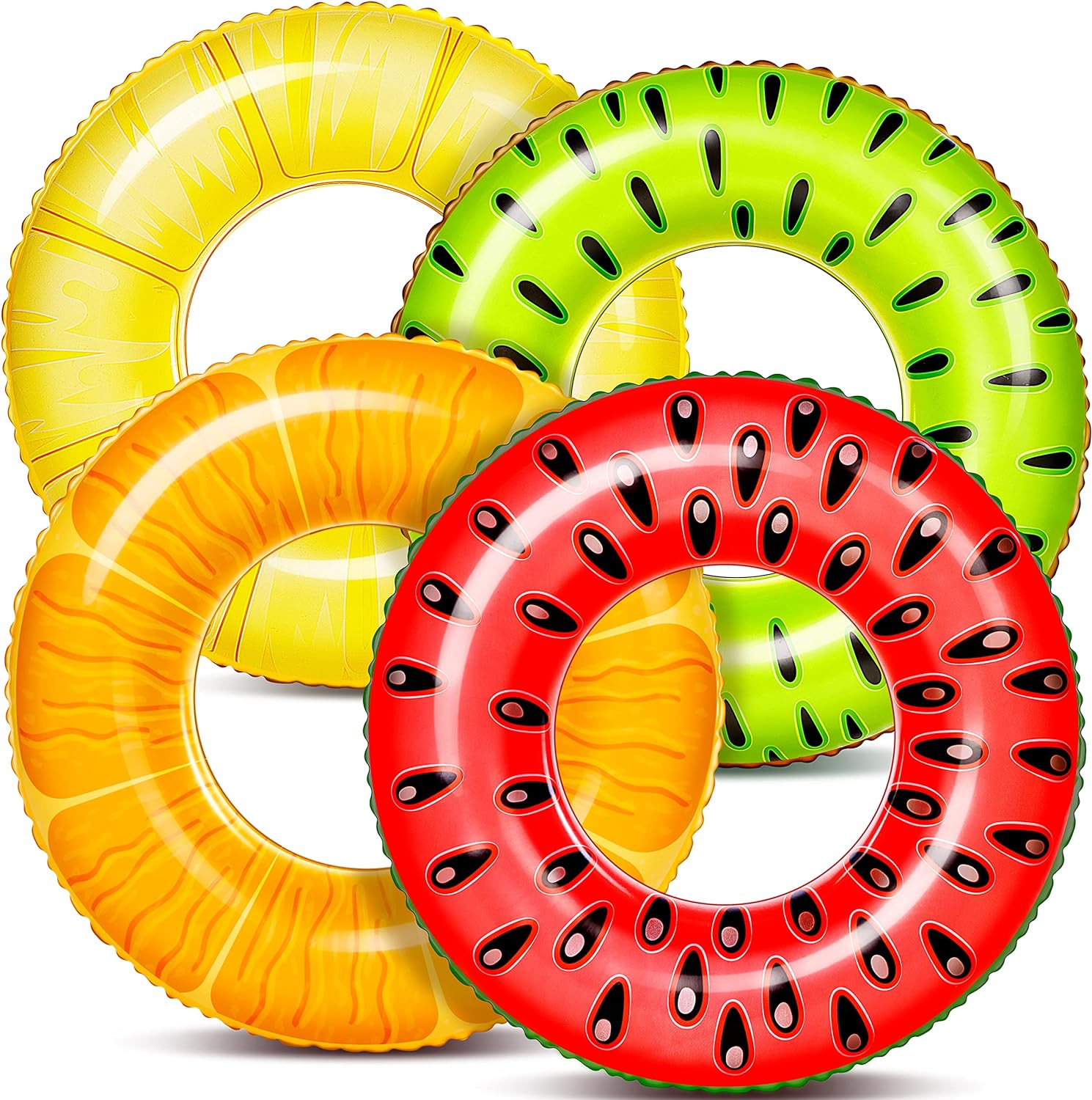 Sloosh 4 Pack Inflatable Fruit Pool Floats front view with all four fruit designs
