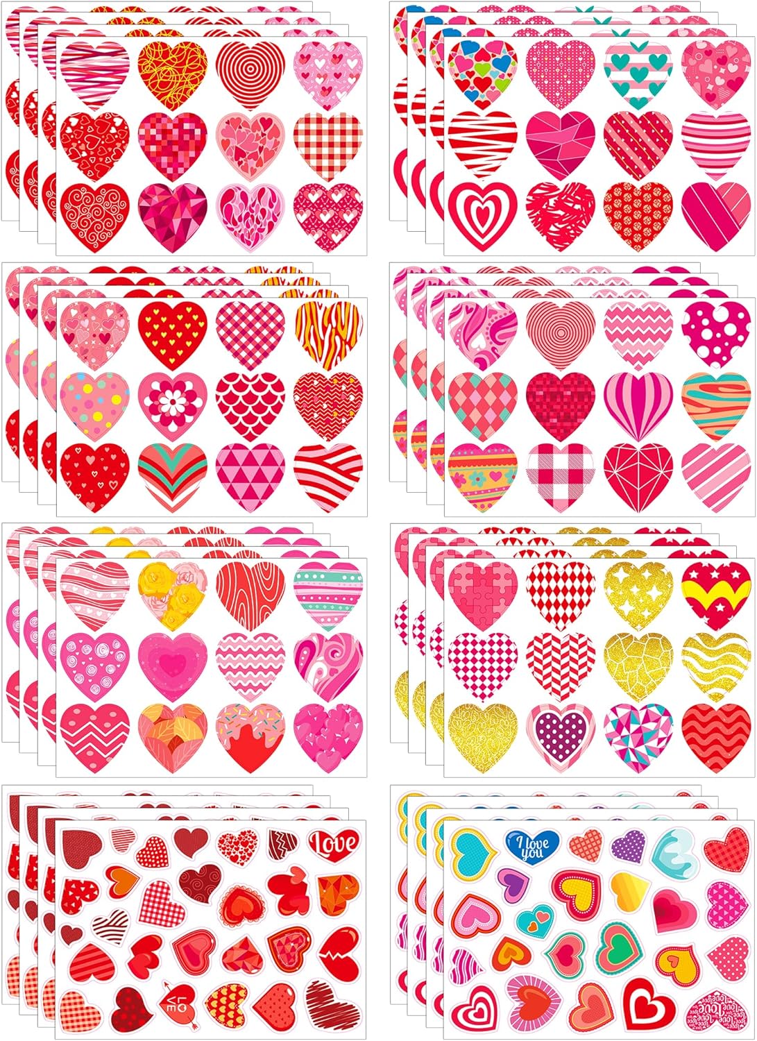 Rainmae Valentines stickers pack front view showing multiple sheets of colorful heart decals for classroom gifts.