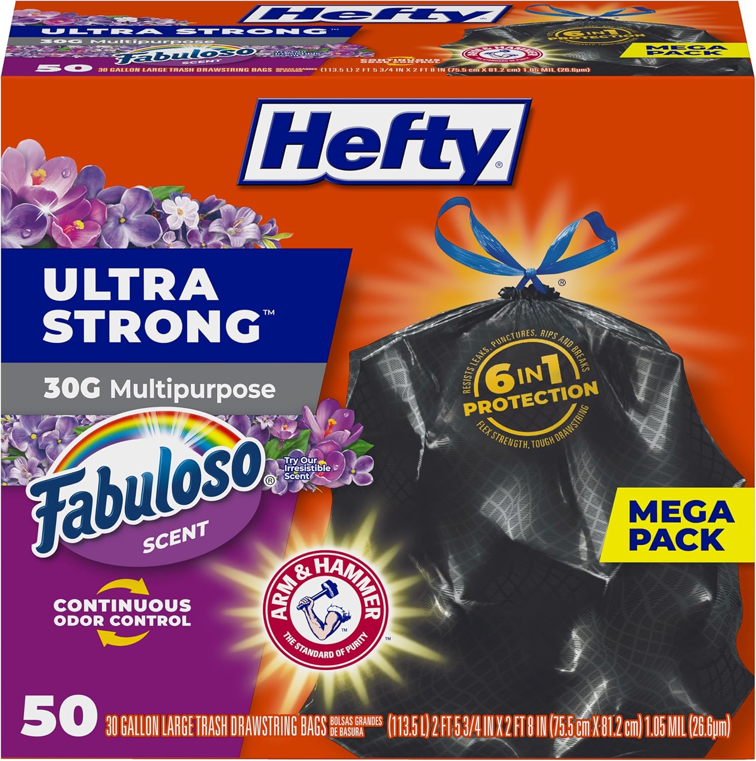 Hefty Ultra Strong thirty gallon trash bags front view showing the fifty count packaging.