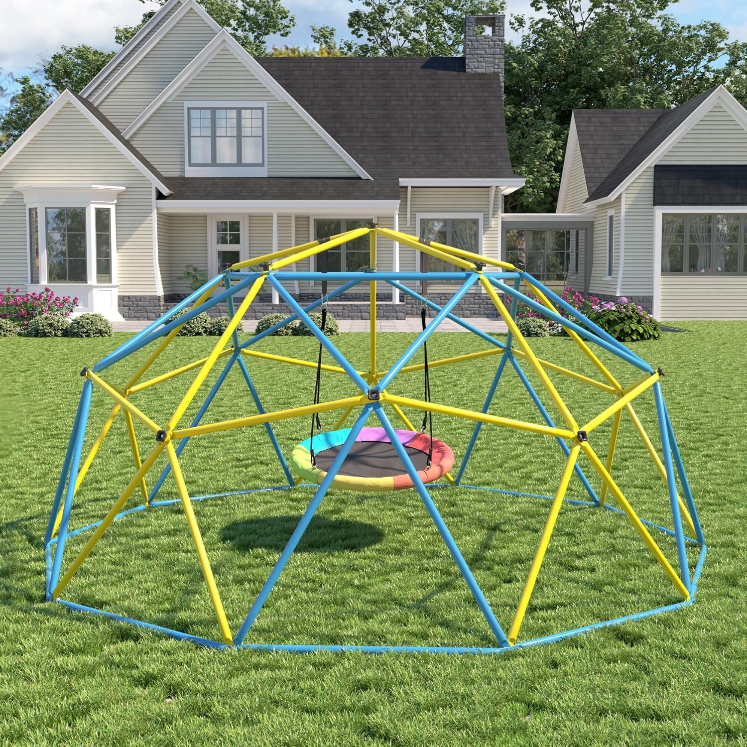 YDTOP climbing dome jungle gym with rainbow saucer swing front view setup in backyard lawn.