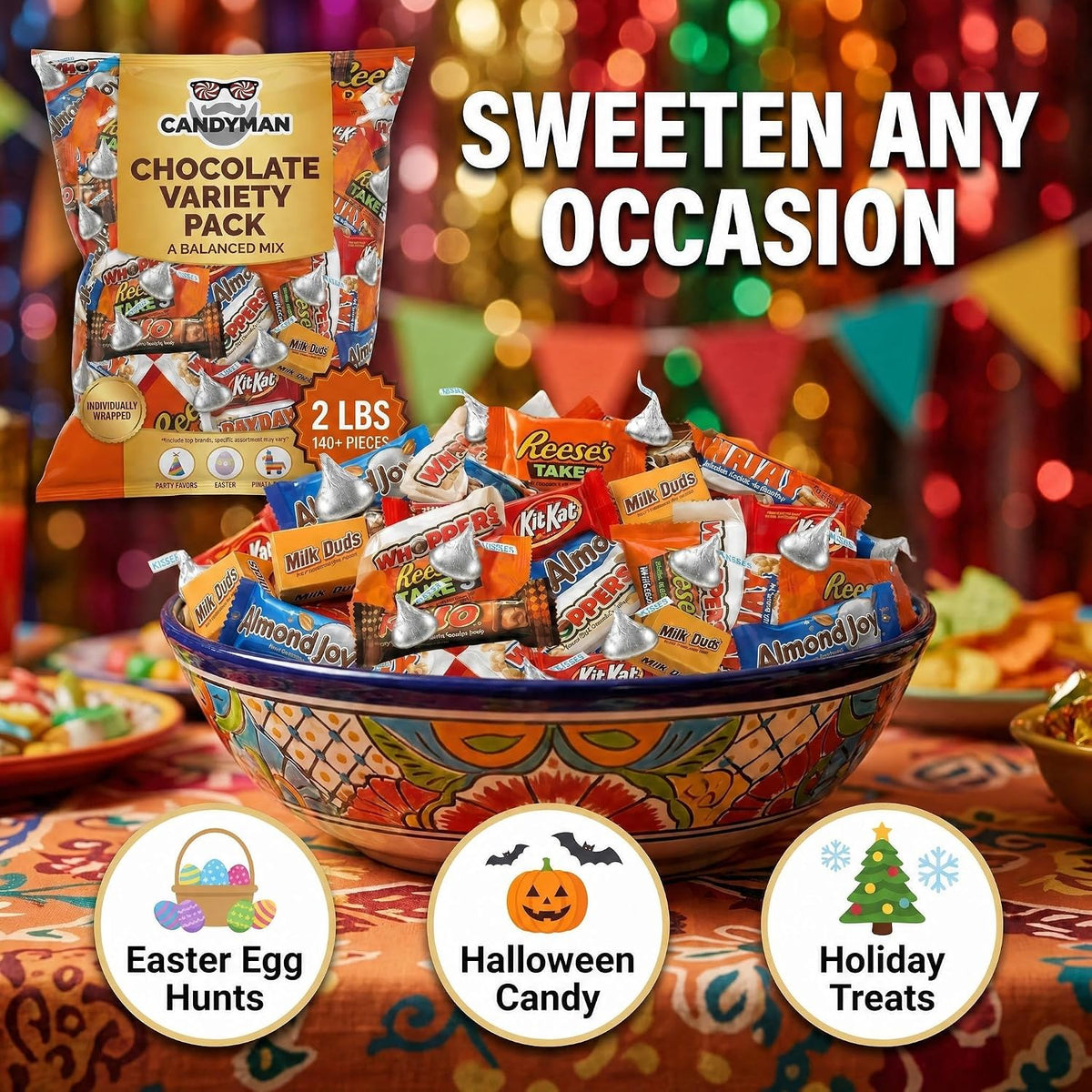 CANDYMAN holiday chocolate variety pack showing close up details of individual mini packaging