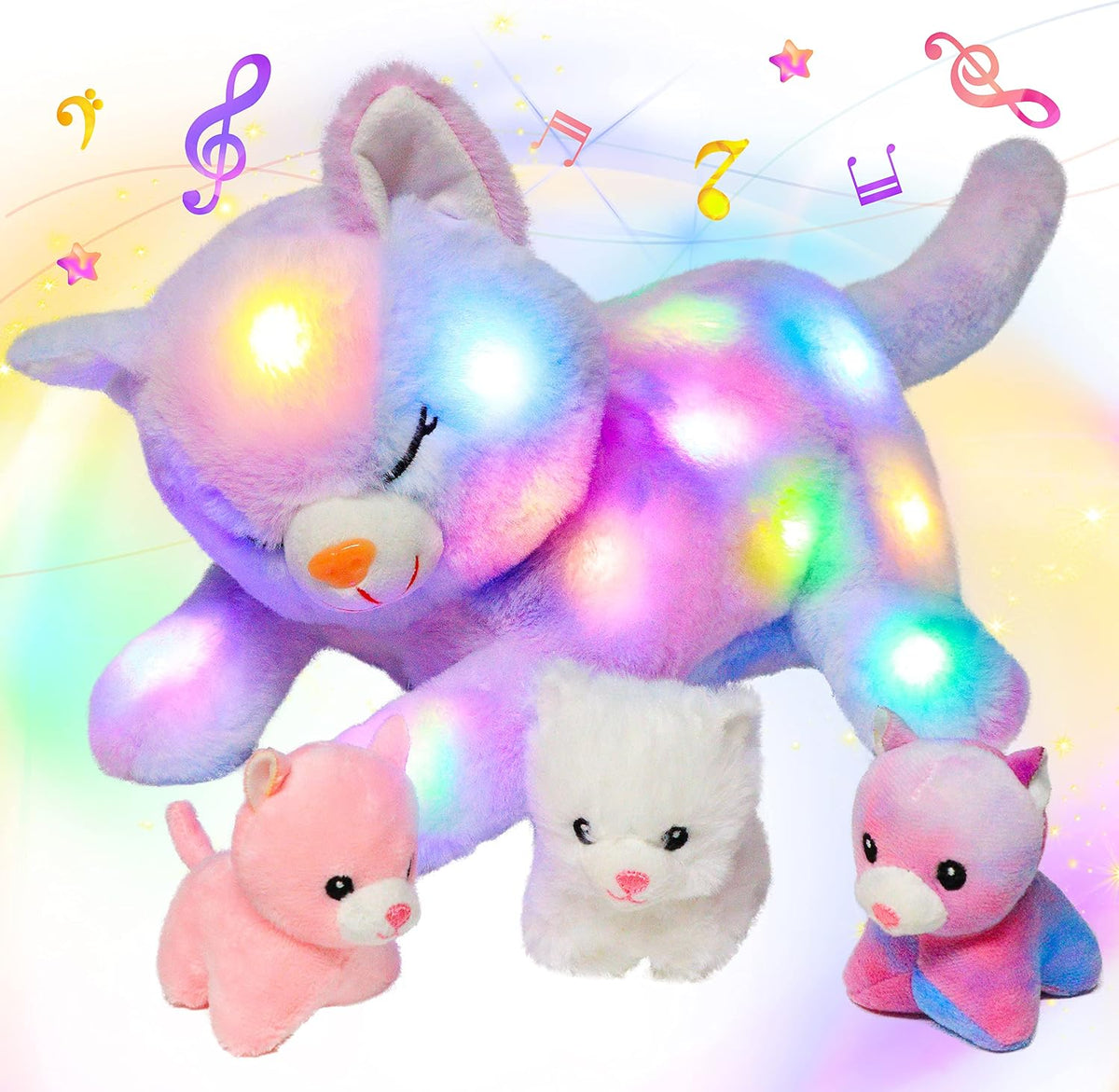 Hopearl LED musical stuffed cat front view with rainbow mommy cat and baby kittens