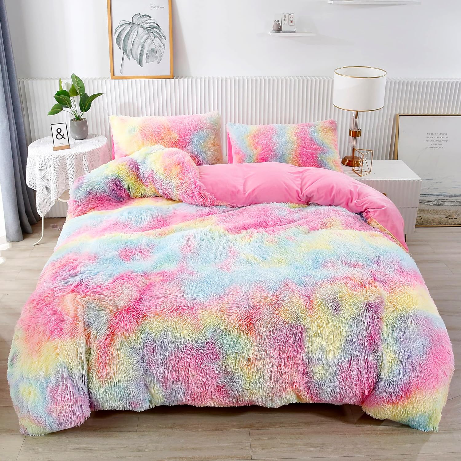 RYNGHIPY rainbow girls bedding set twin size front view showing colorful pink tie dye plush shaggy fabric