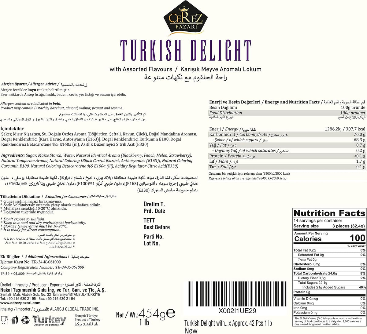 Cerez Pazari Turkish Delight Candy With Assorted Flavors 16 oz, Gourmet Snacks Gift Box, No Nuts Sweet Traditional Confectionery Vegan Candy Dessert Lokum Loukoumi Approx.33-38 pcs - Image 7