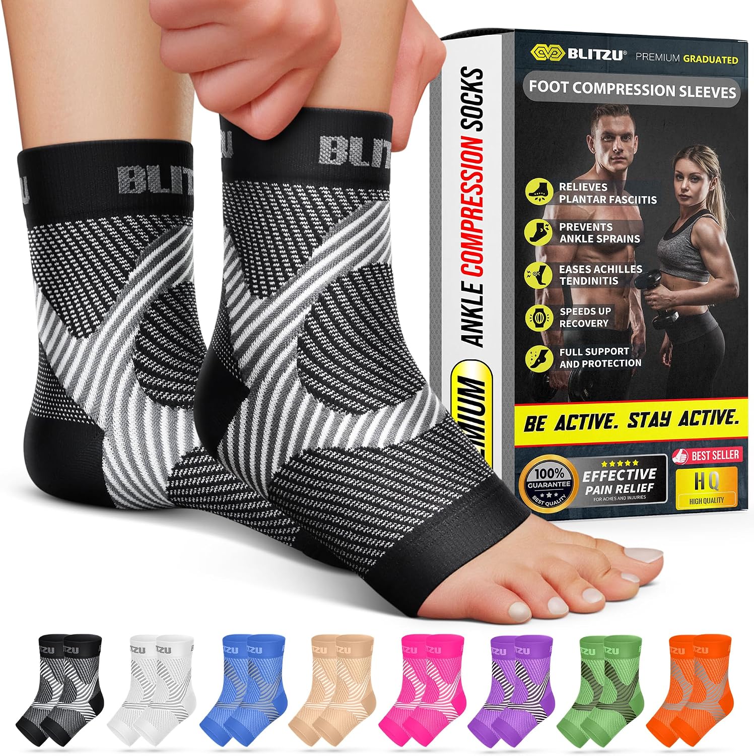 Blitzu compression socks front view showing ankle and arch support