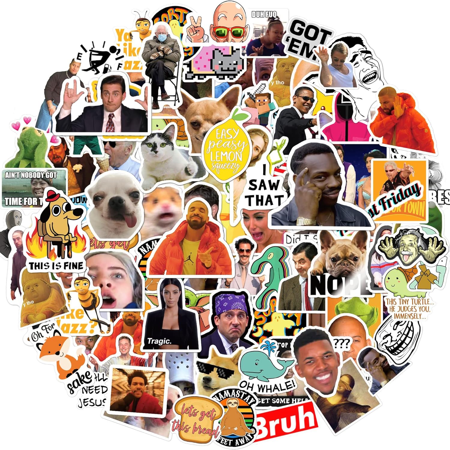 Debinolo funny meme stickers pack front view featuring diverse viral internet graphic designs