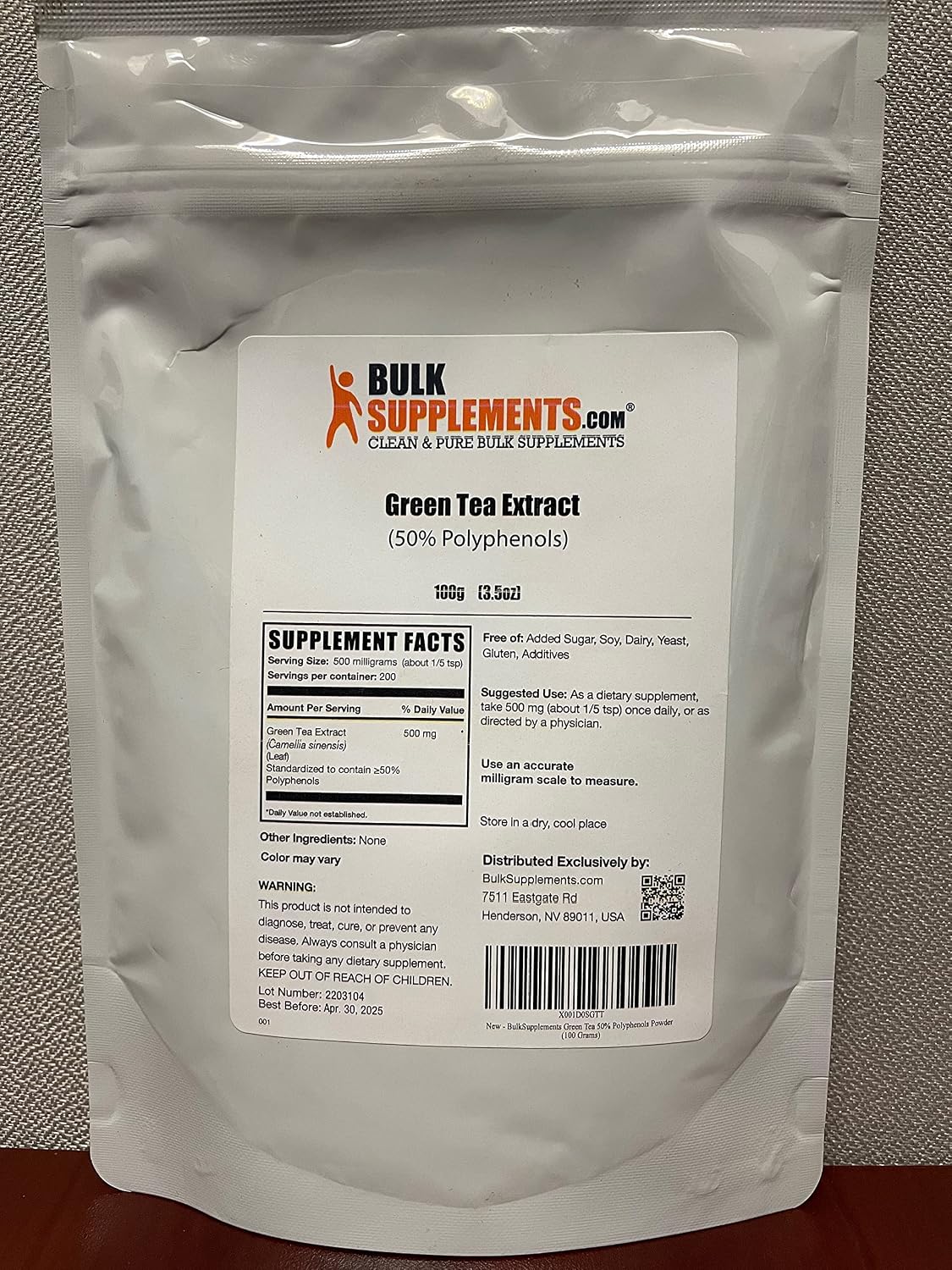 BulkSupplements Green Tea Extract 50 percent polyphenols label close up